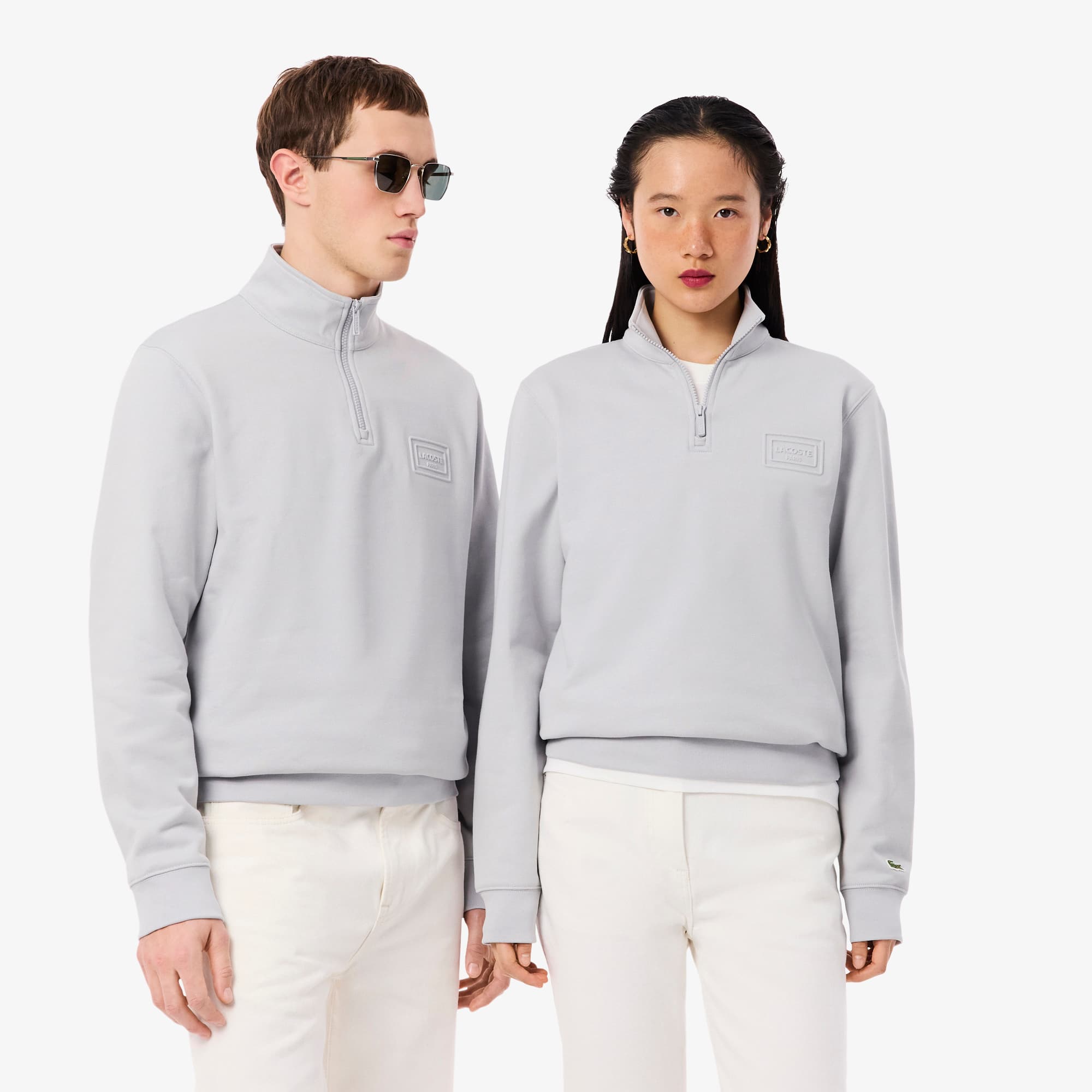 Lacoste High Neck Embossed Zipped Sweatshirt - Xs In White