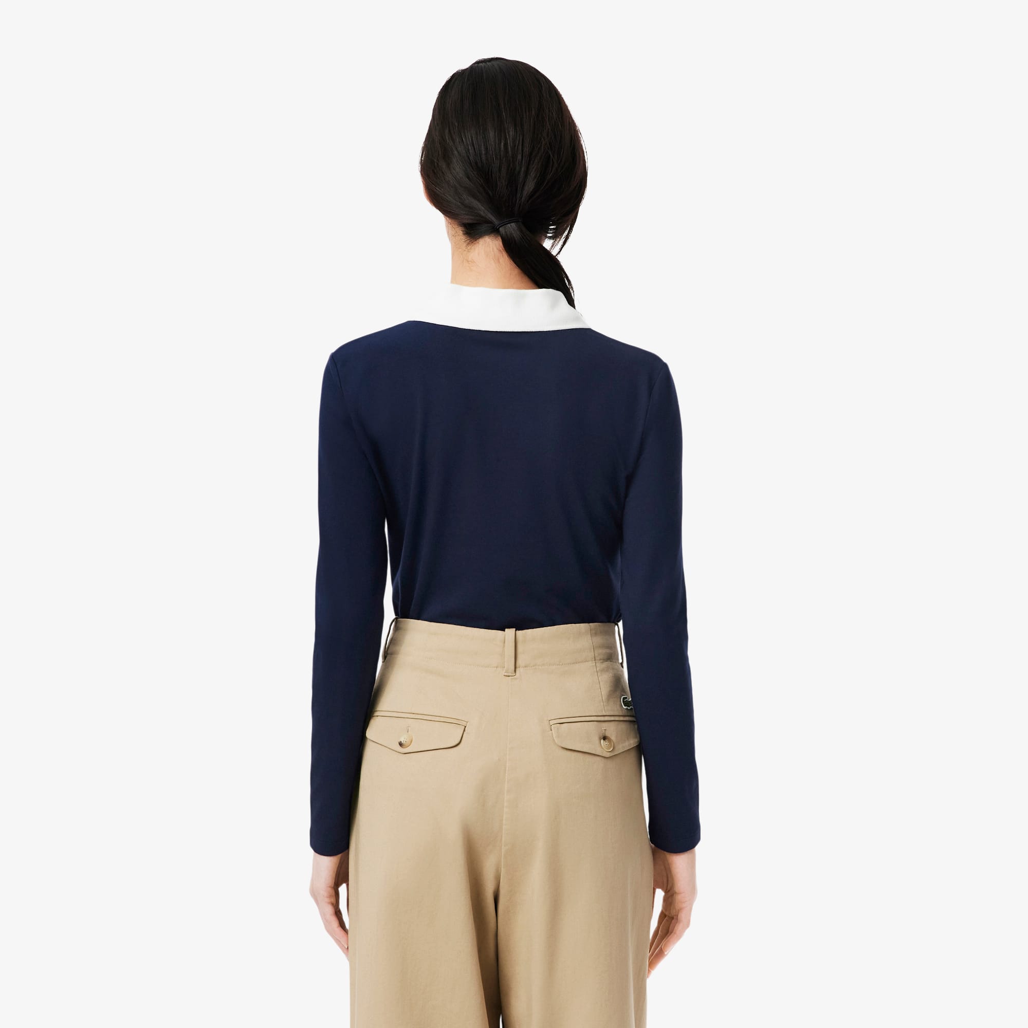 LUE♡ Women's Slim Fit Trim Detail Long Sleeve Polo - Polo Shirts