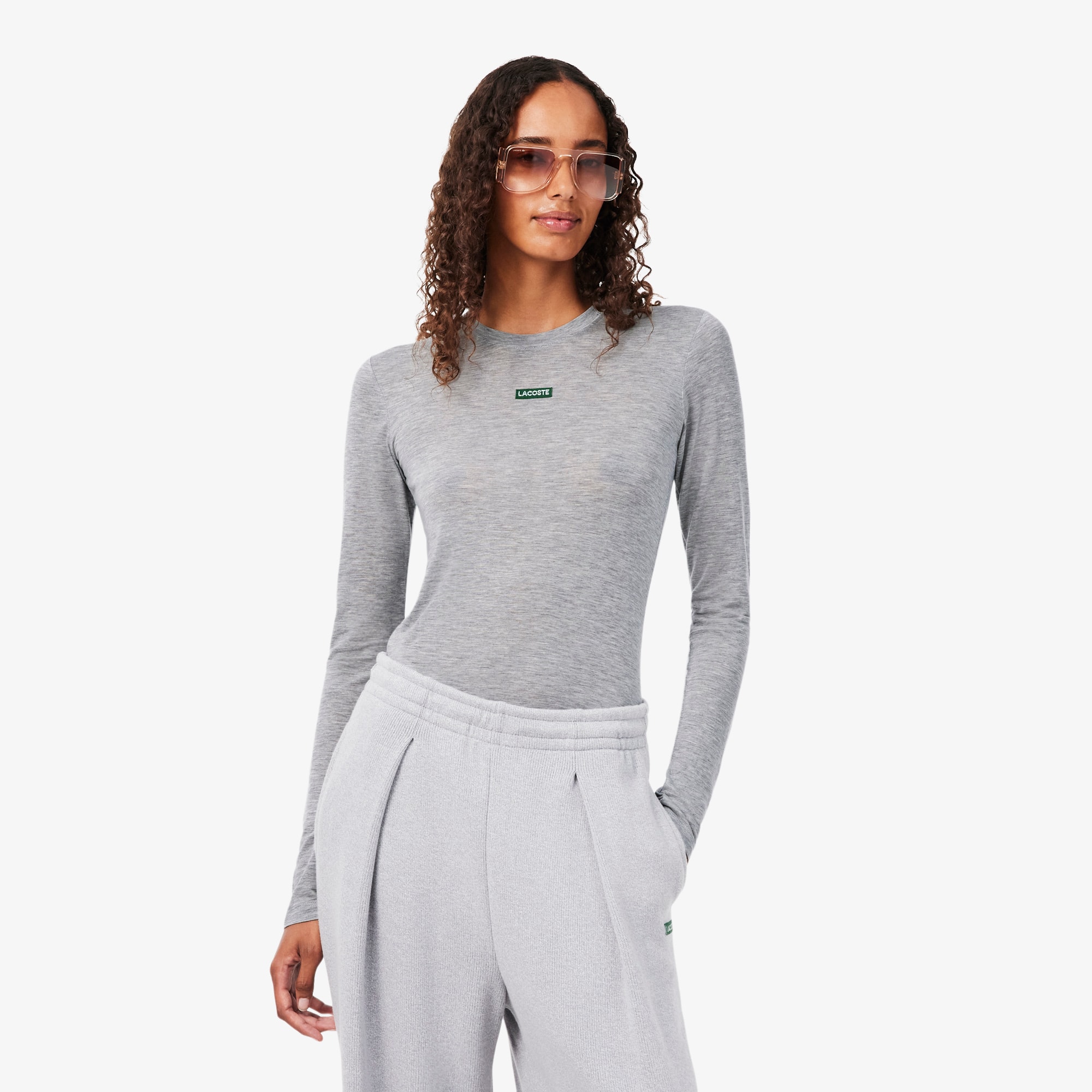 Lacoste Long Sleeved Branded Label T-shirt - S (36) In Gray