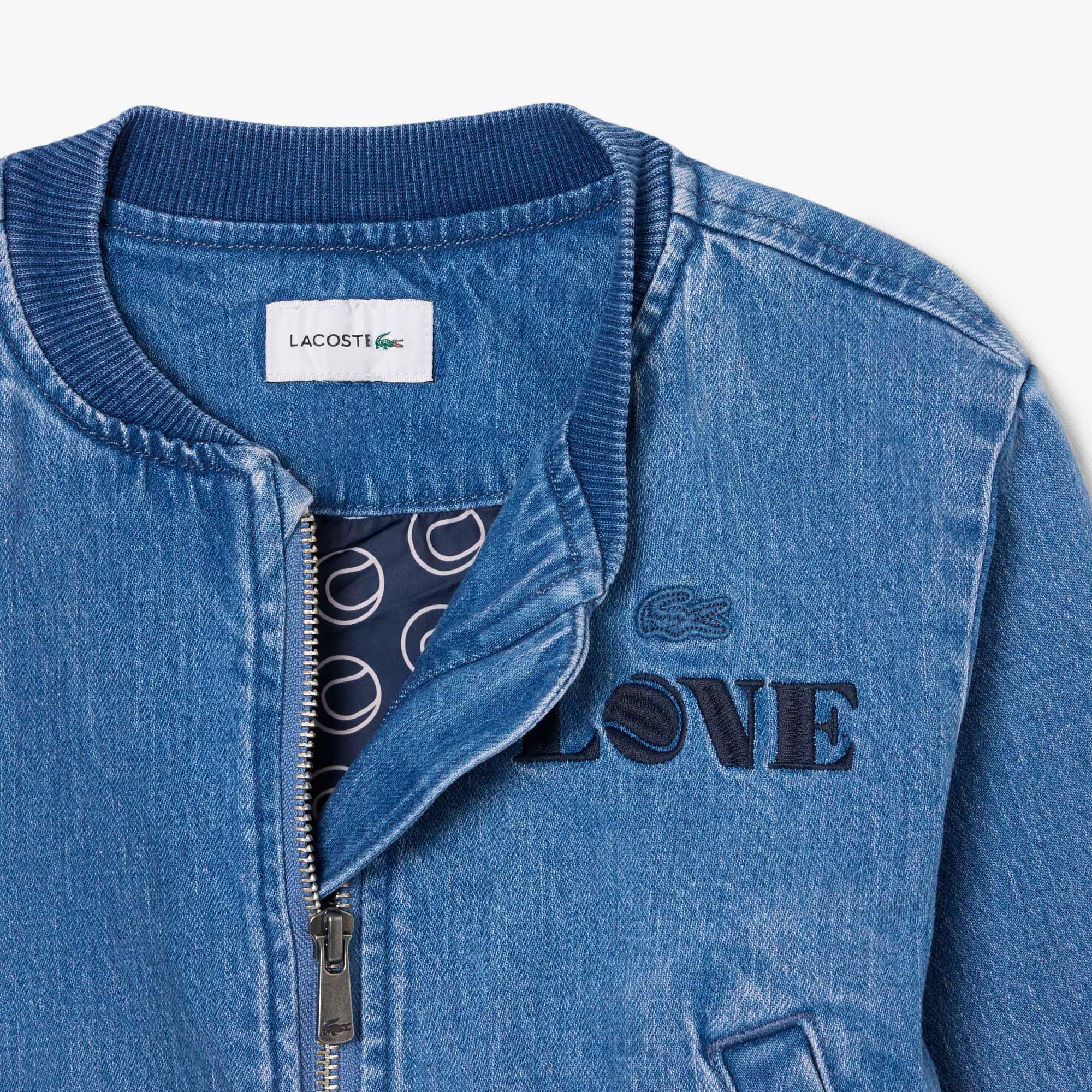Padded Badge Accent Denim Bomber Jacket