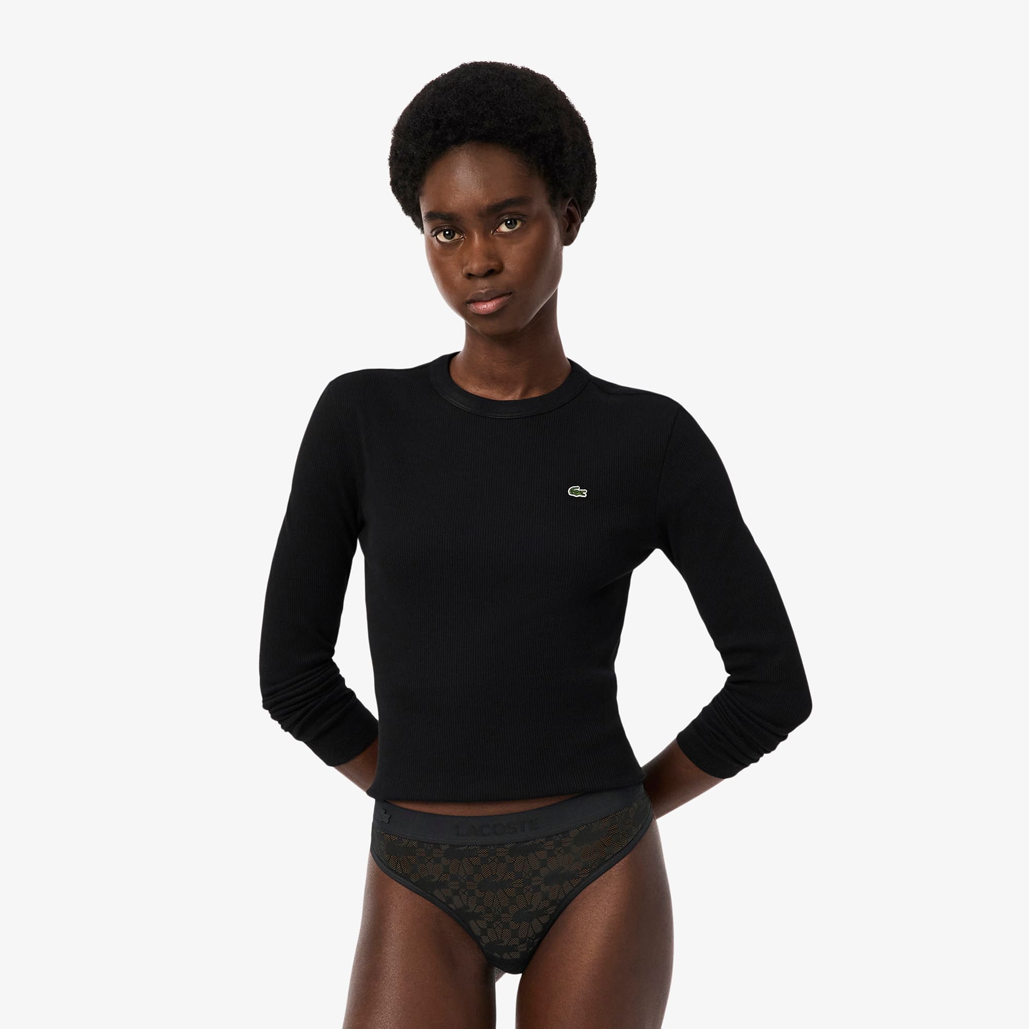 Lacoste Logo Waist Lacy String Briefs In Black