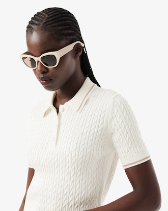 Striped Cable Knit Polo Collar Sweater