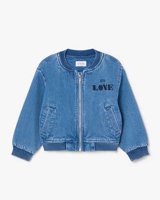 Padded Badge Accent Denim Bomber Jacket