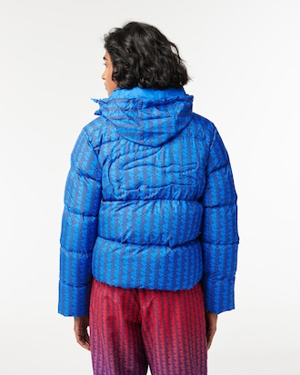 Women's Hooded Monogram Print Puffer Jacket with Puffed Croc