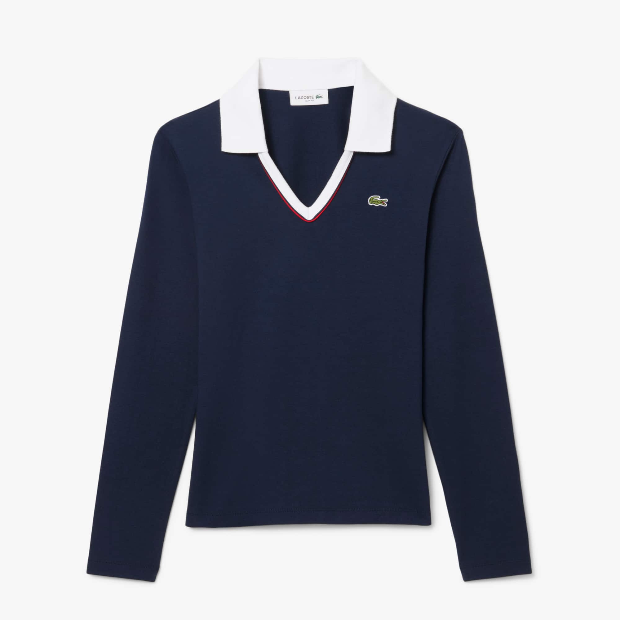 LUE♡ Women's Slim Fit Trim Detail Long Sleeve Polo - Polo Shirts