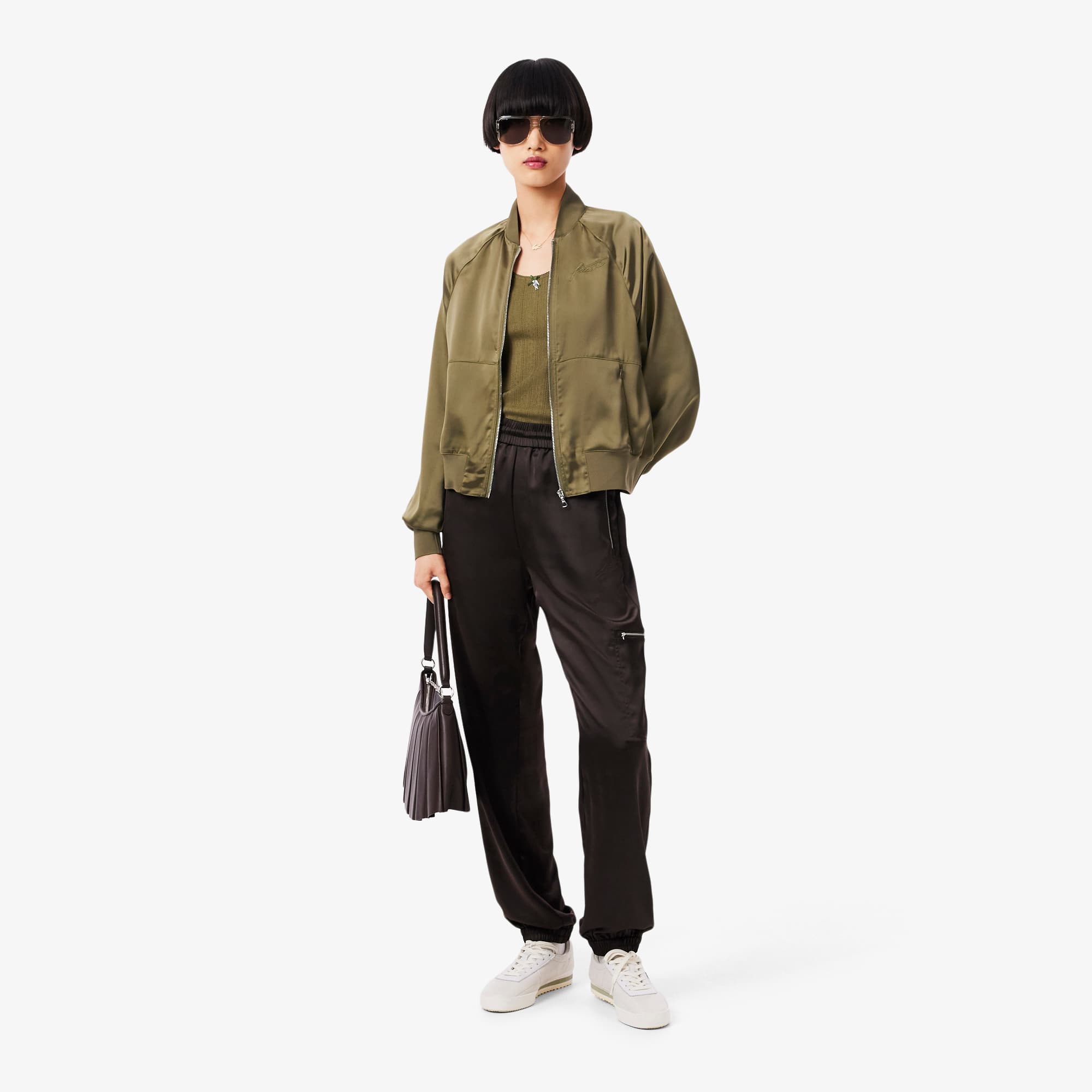 極美品24SS Theory AIRY COTTON SHEER BOMBER Women's Oversized Embroidered Signature Satin Bomber Jacket