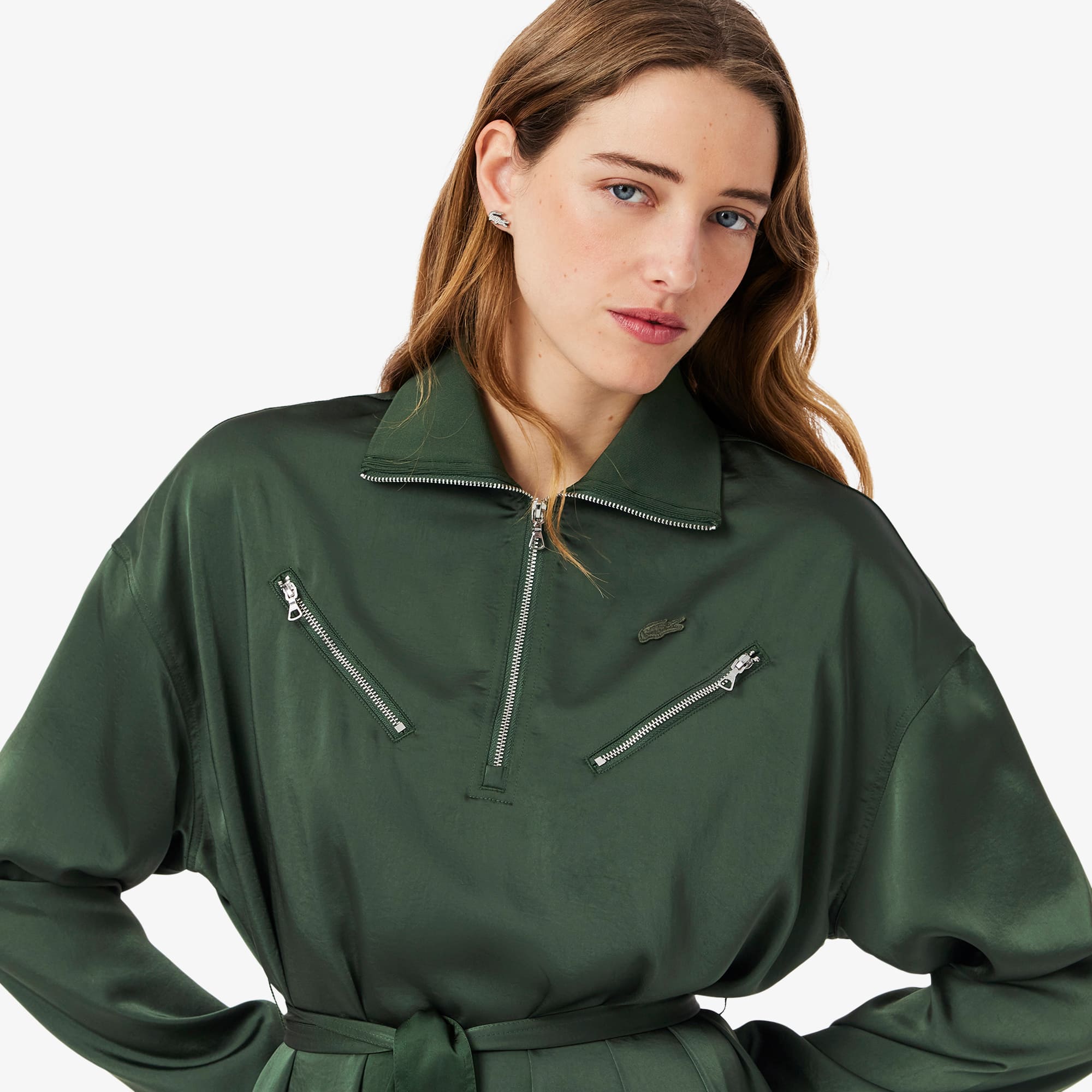★LACOSTE★ Women's Fluid Zipper Detail Dress Khaki EF9776-5 Women's Long Sleeve Belted Dress - Dresses - New In 2025