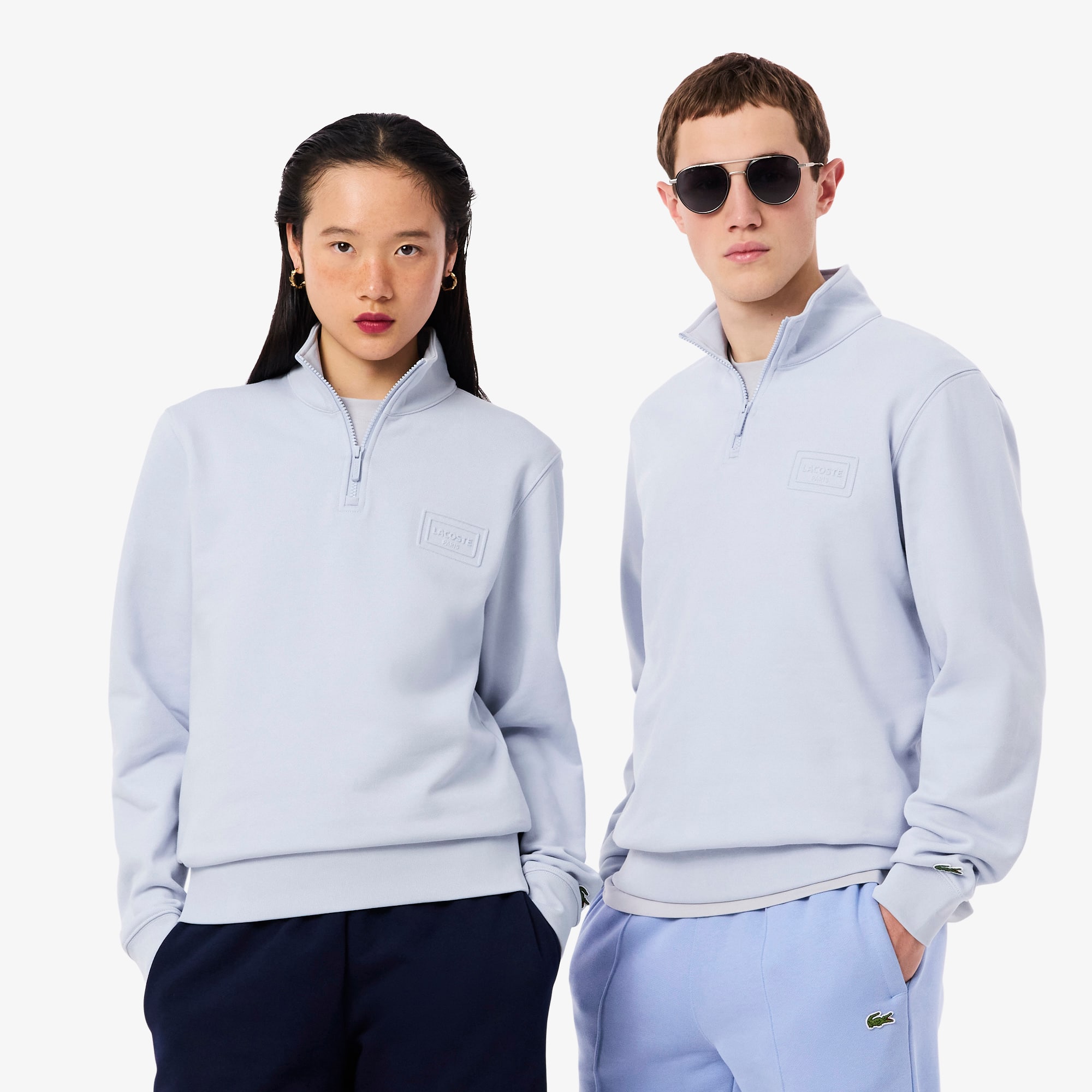 Lacoste High Neck Embossed Zipped Sweatshirt In Blue