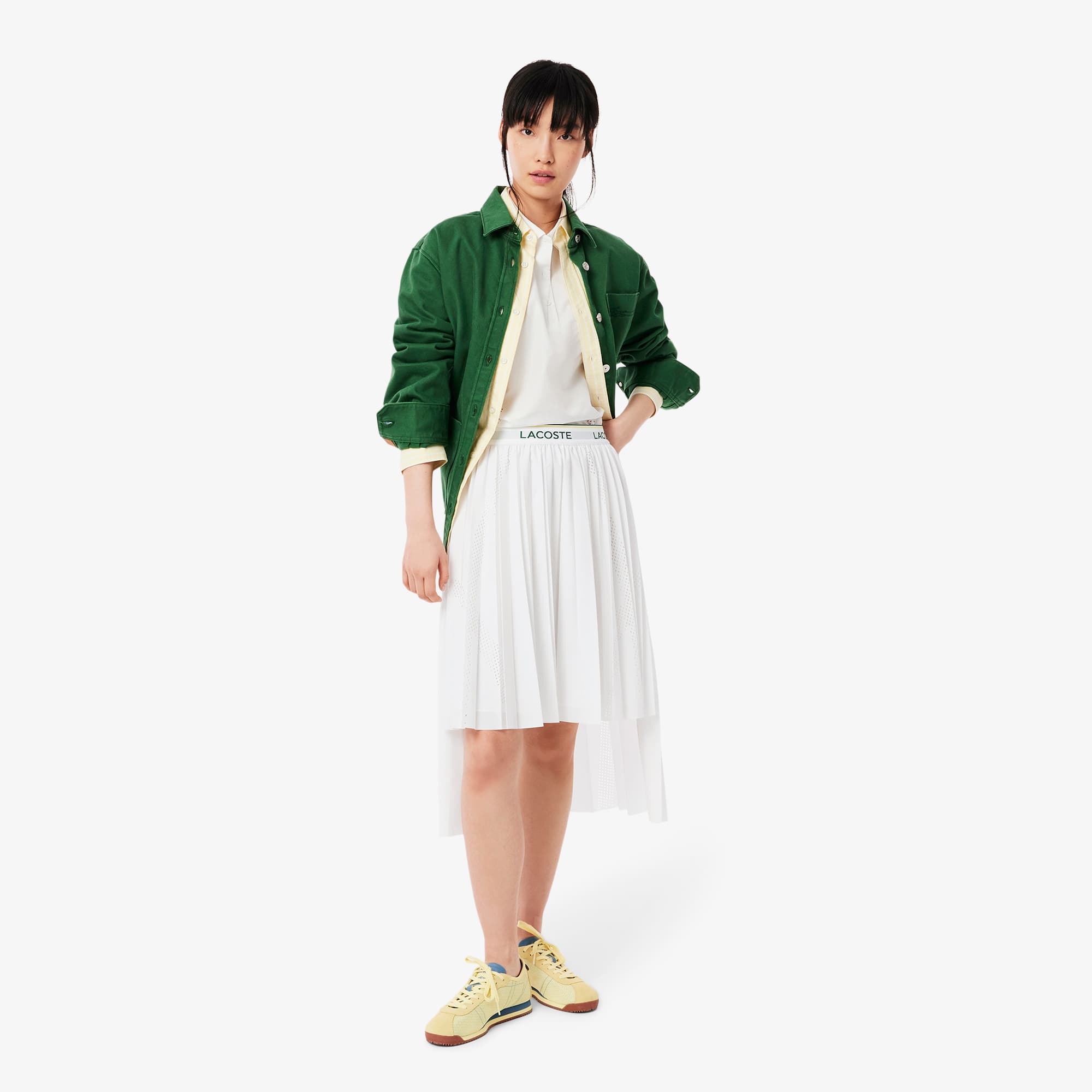 スカート LACOSTE Women Mid Skirts JF0641 001 White Women's Asymmetric Pleated Midi Skirt - Shorts & Skirts