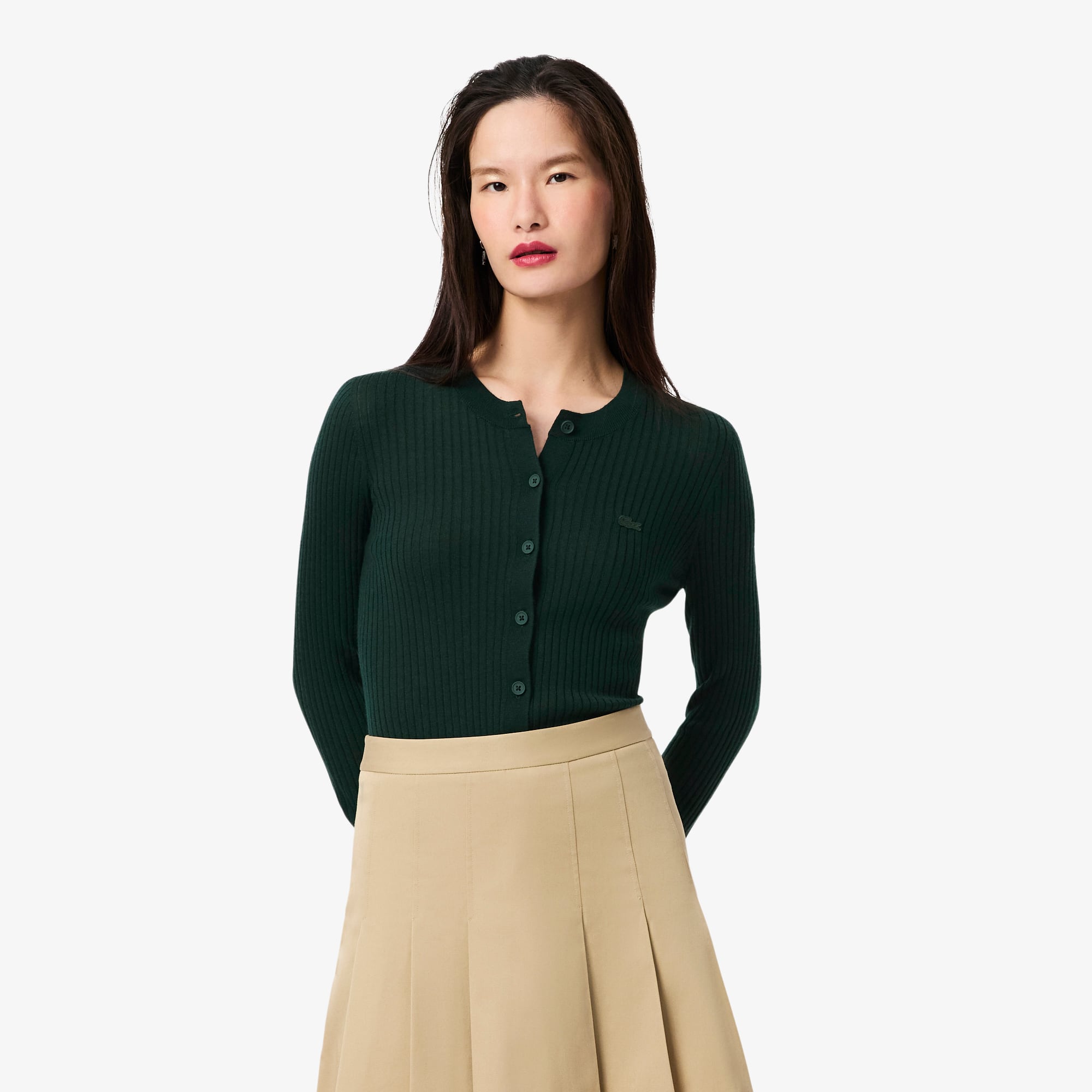 Lacoste Women's Rib Knit Merino Wool Cardigan - 42 In Green