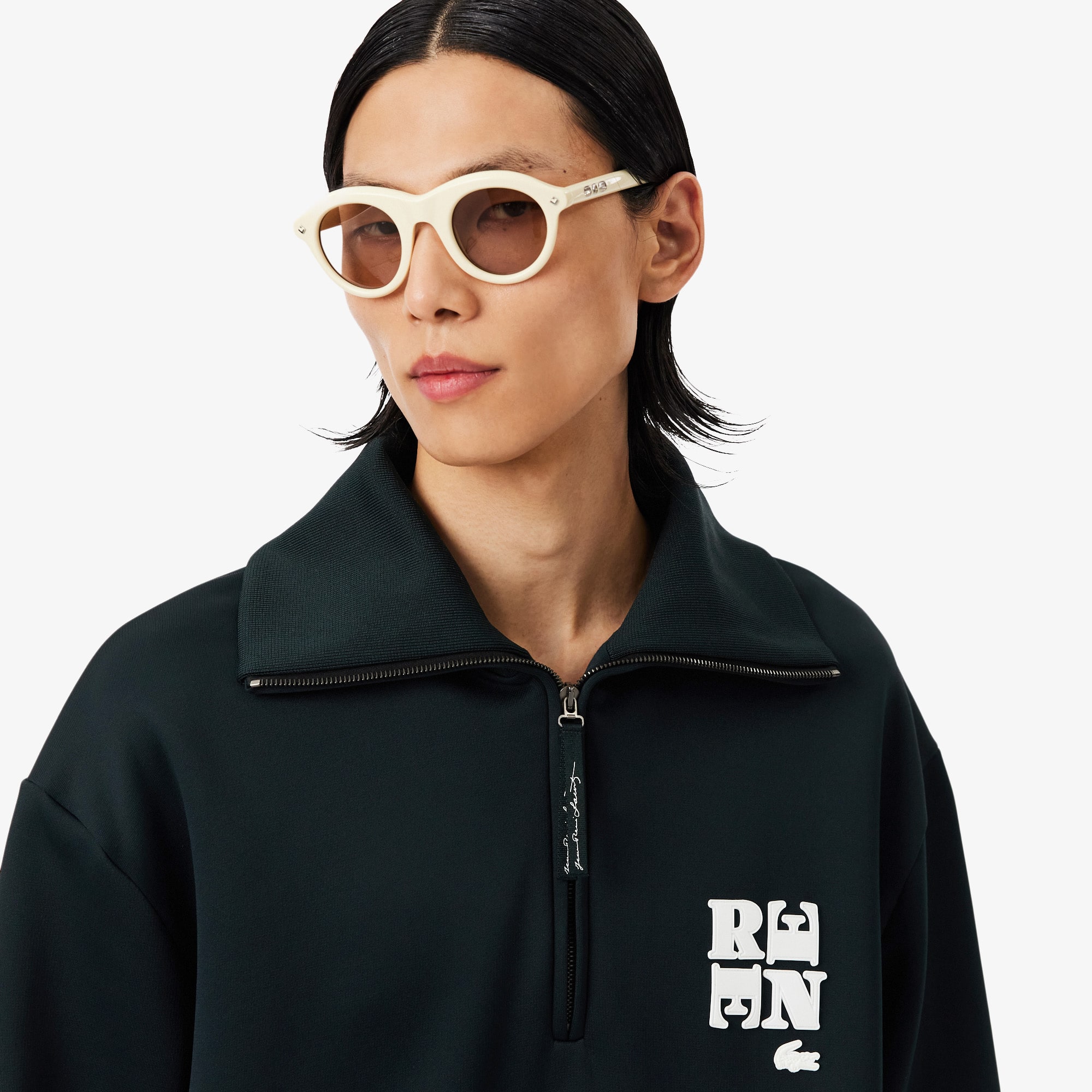 Runway High Neck Zipped Badge Accent Sweatshirt - Sweaters