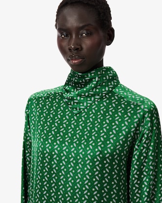Runway Printed Satin Scarf Neck Dress