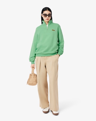 Loose Fit Zip Neck Badge Accent Sweatshirt