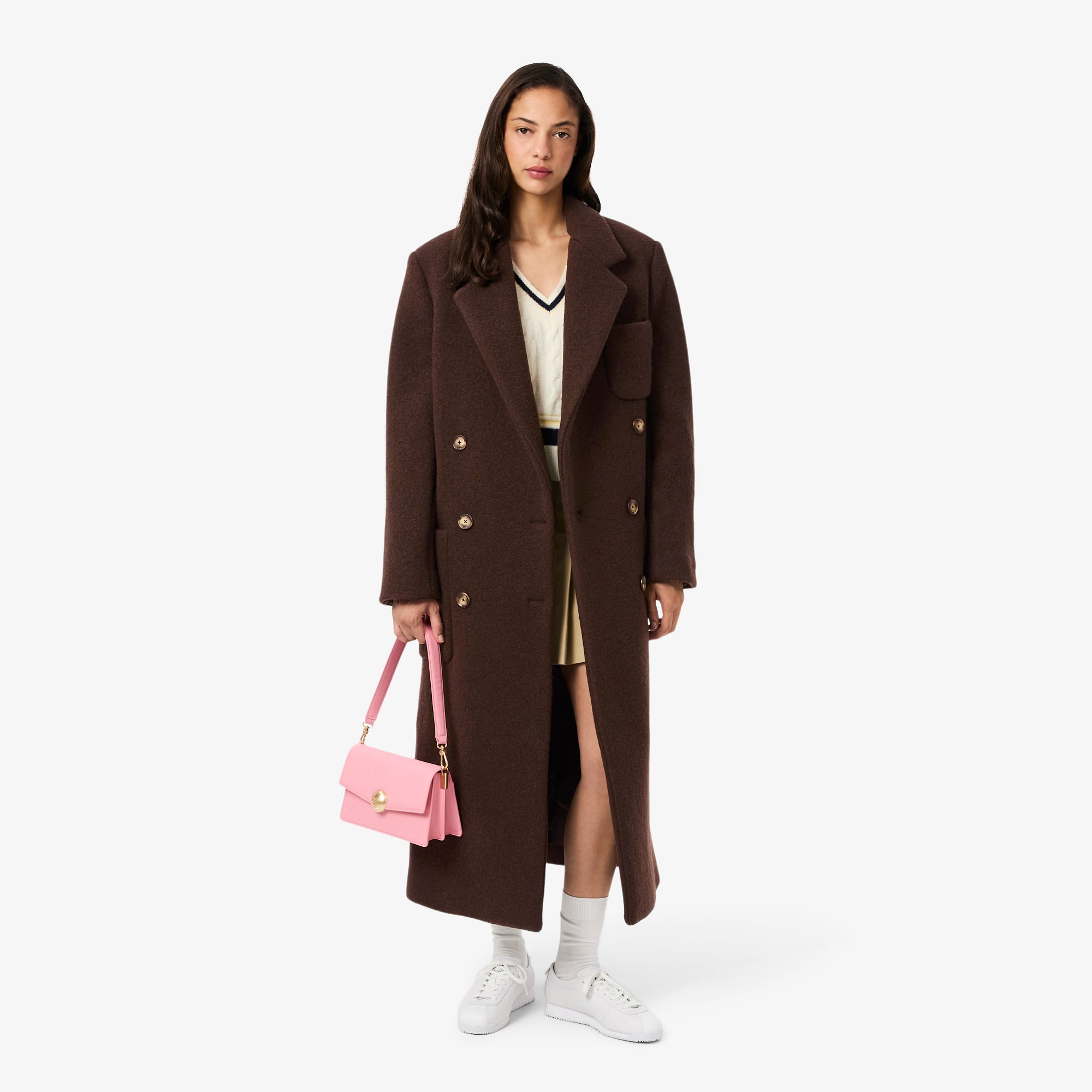 Lacoste Women's Double-breasted Wool Coat - 42 In Brown