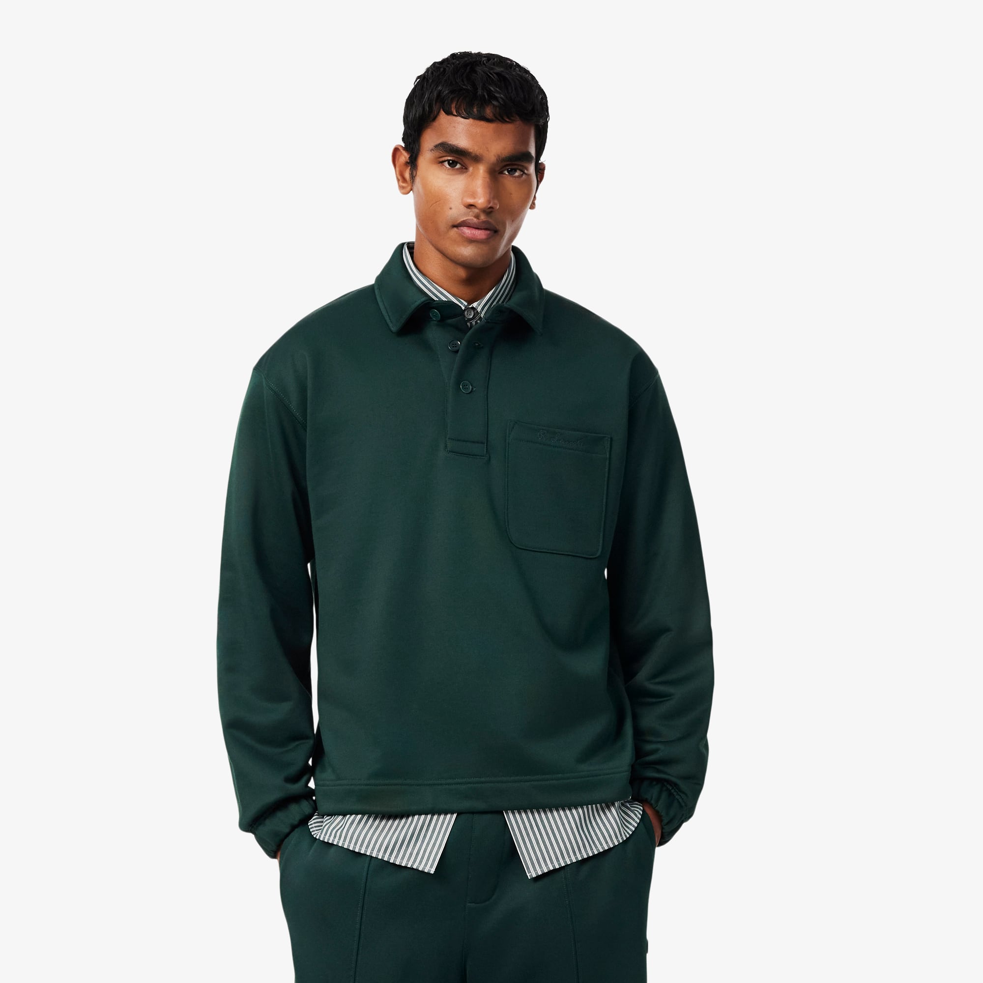 Lacoste Sudadera de Felpa con Cuello Polo y Bordados Verde