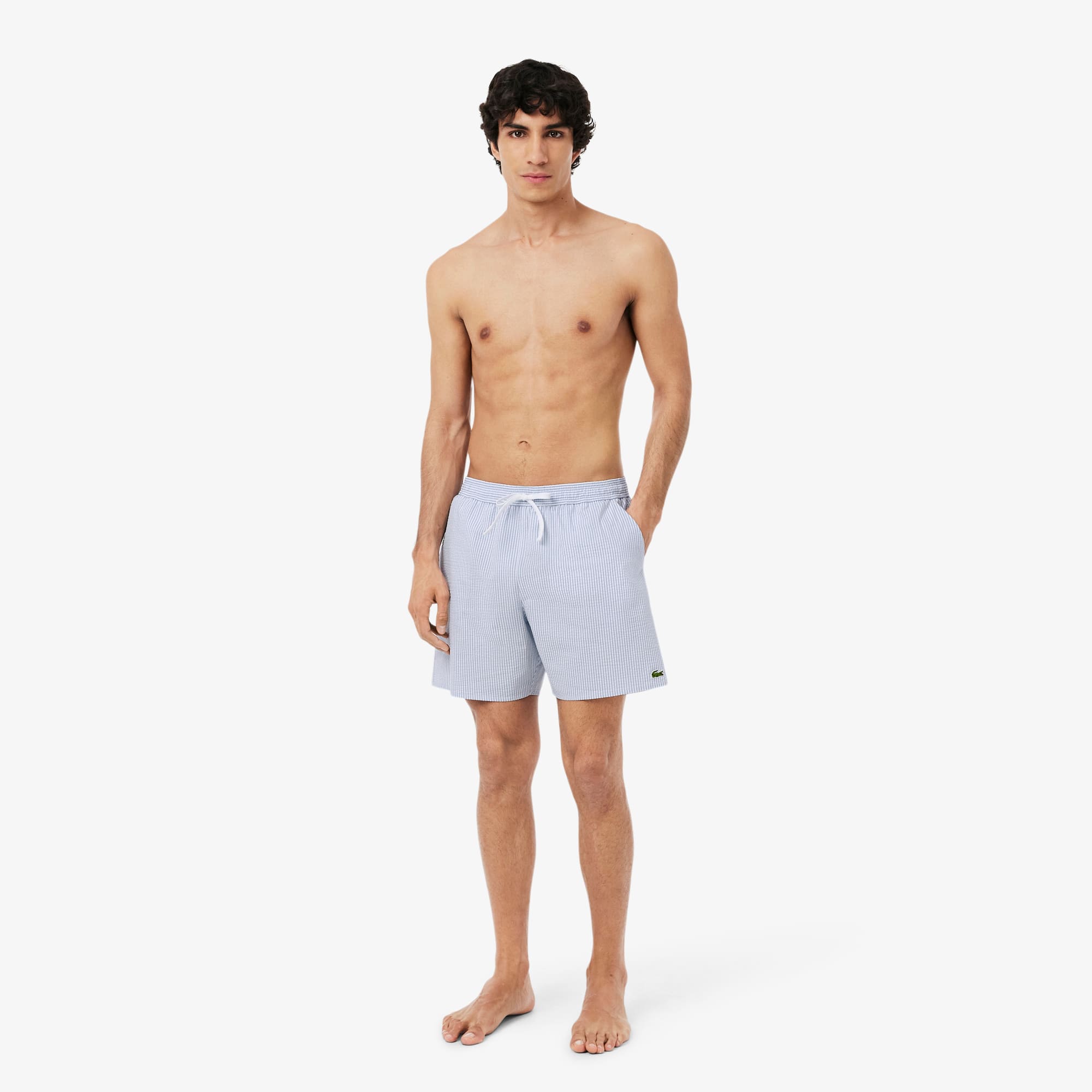 Lacoste Men's Mid Length Striped Textured Swim Trunks