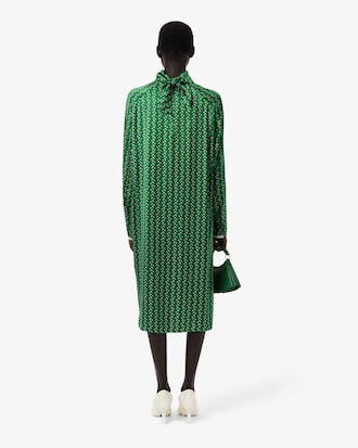 Runway Printed Satin Scarf Neck Dress
