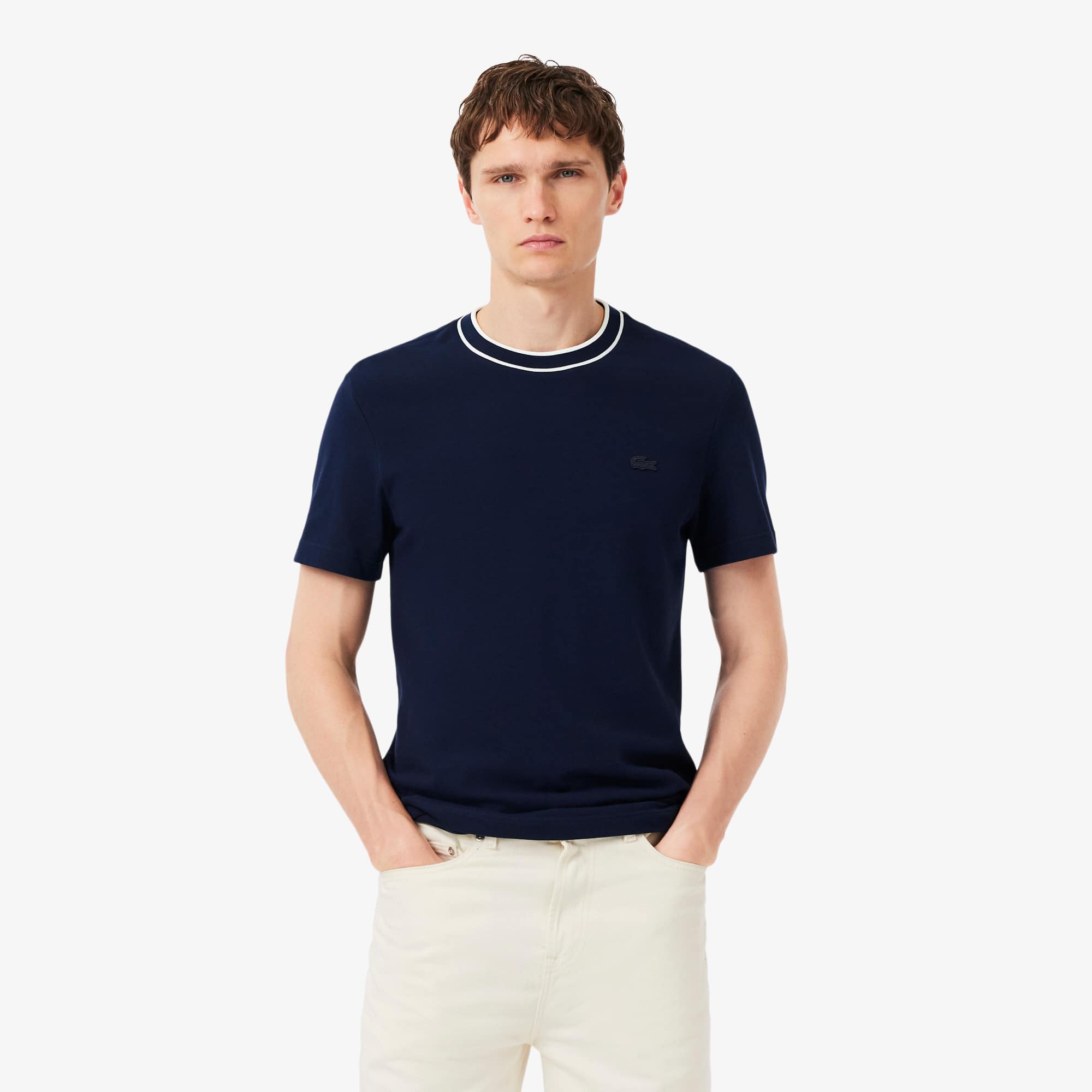 Lacoste Playera de Piqué Elástico con Cuello de Rayas para Hombre Azul