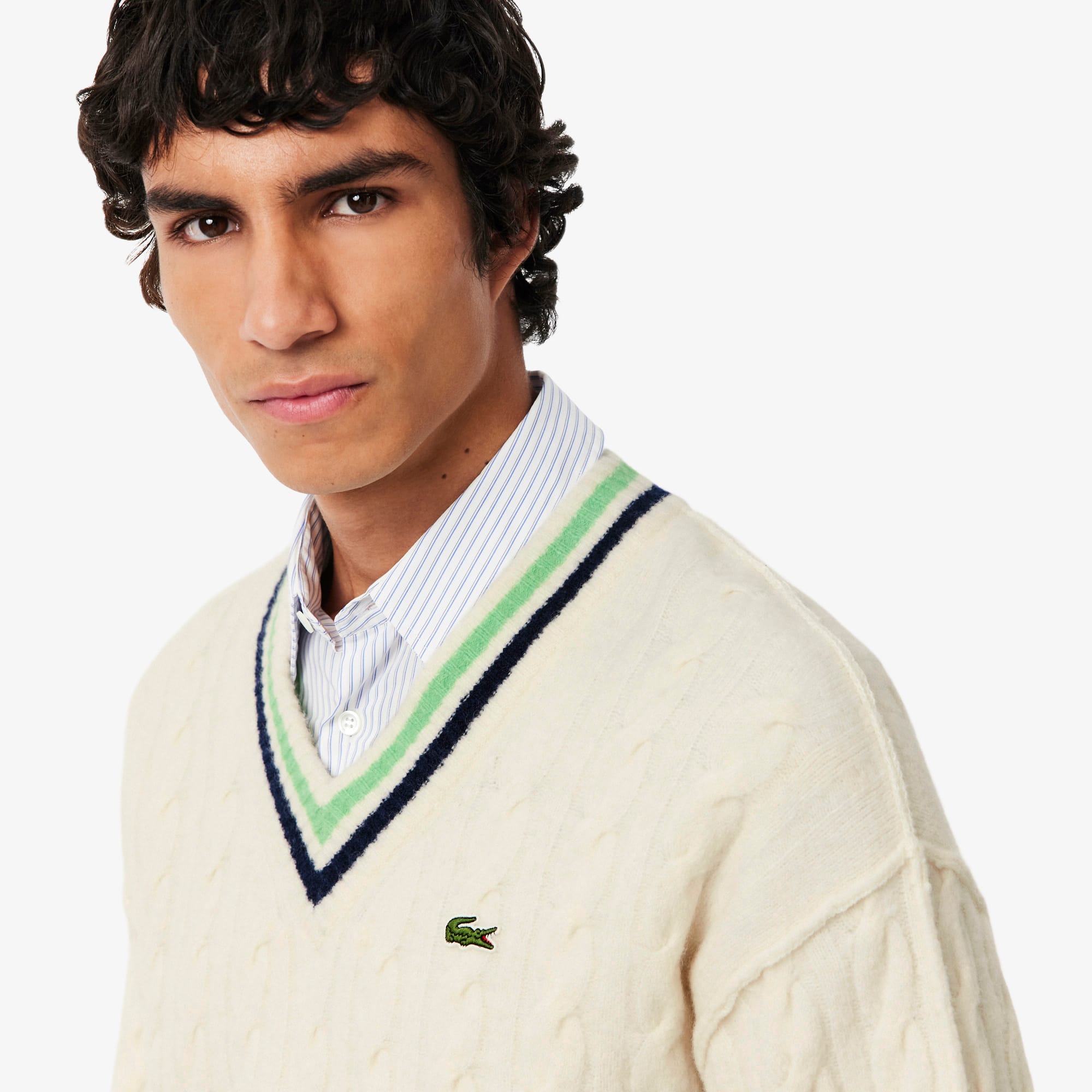 Men's V-Neck Cable Knit Wool Sweater - Sweaters & Sweatshirts