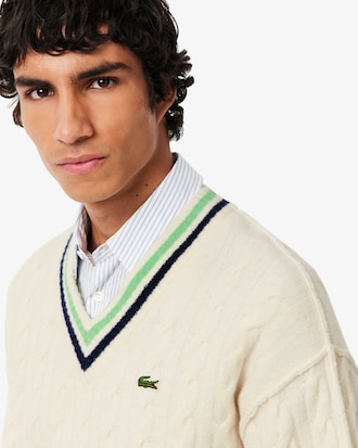 Men's V-Neck Cable Knit Wool Sweater