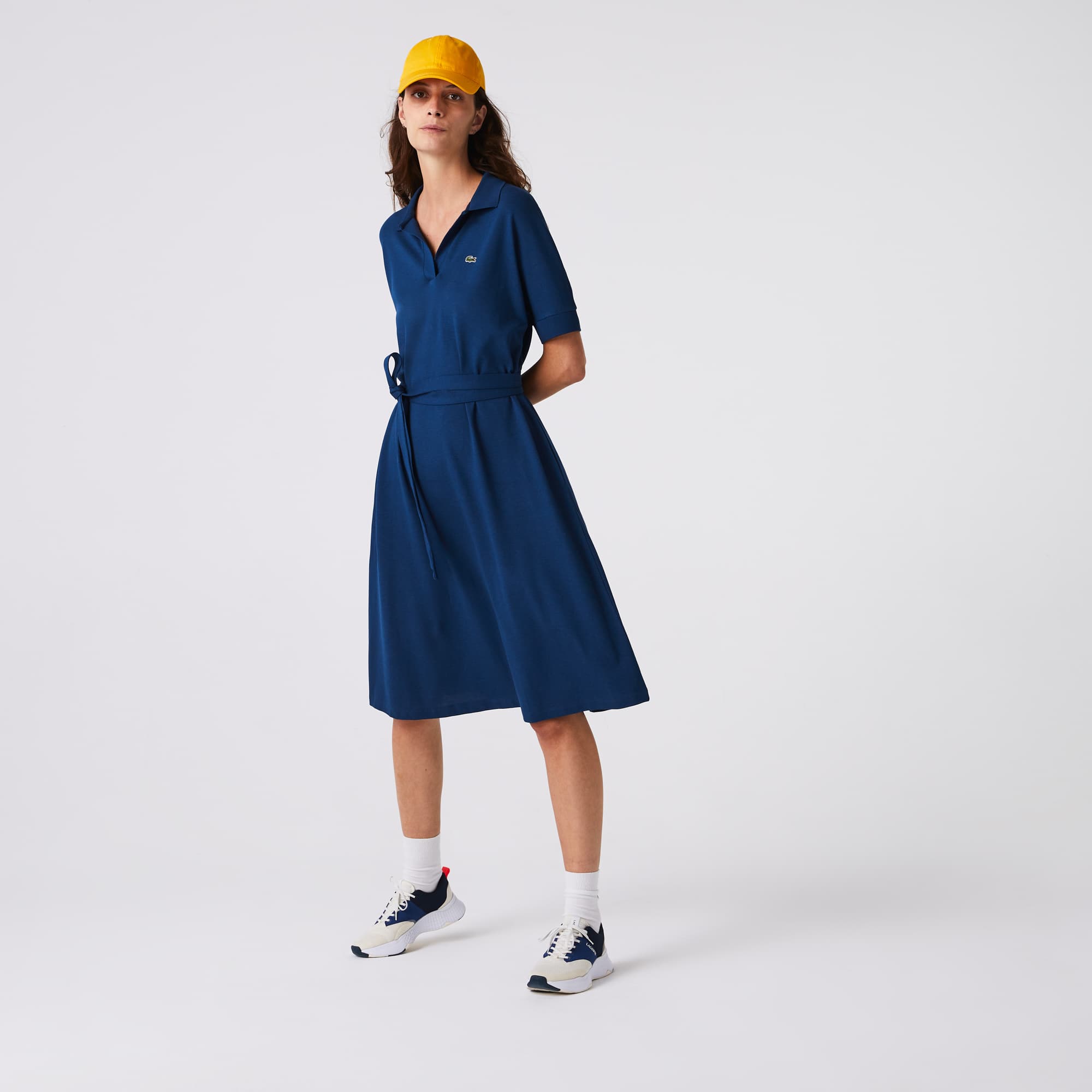 Women's V-neck Fitted Flowy Piqué Polo Dress - Dresses