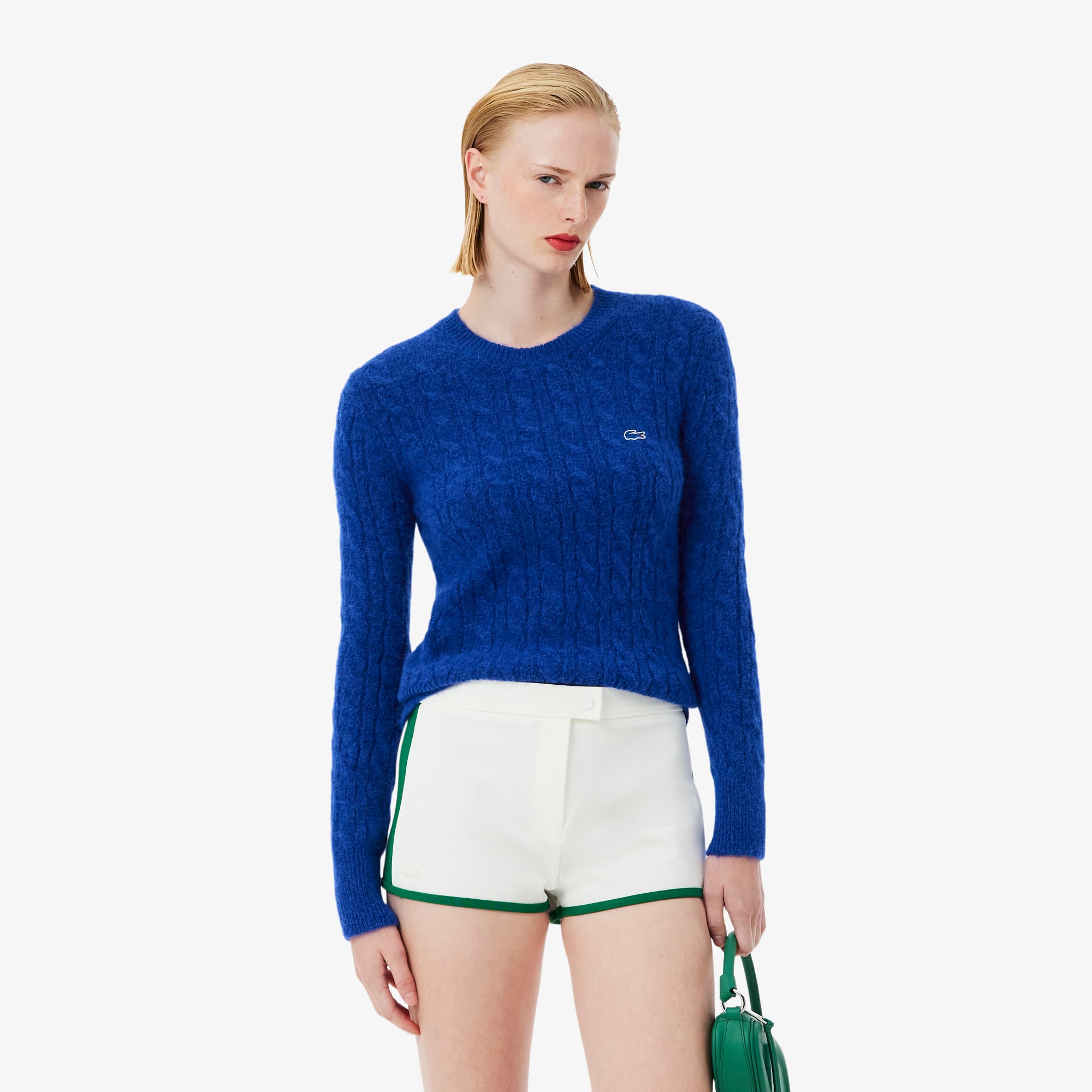 Lacoste Runway Alpaca Blend Cable Knit Sweater In Blue