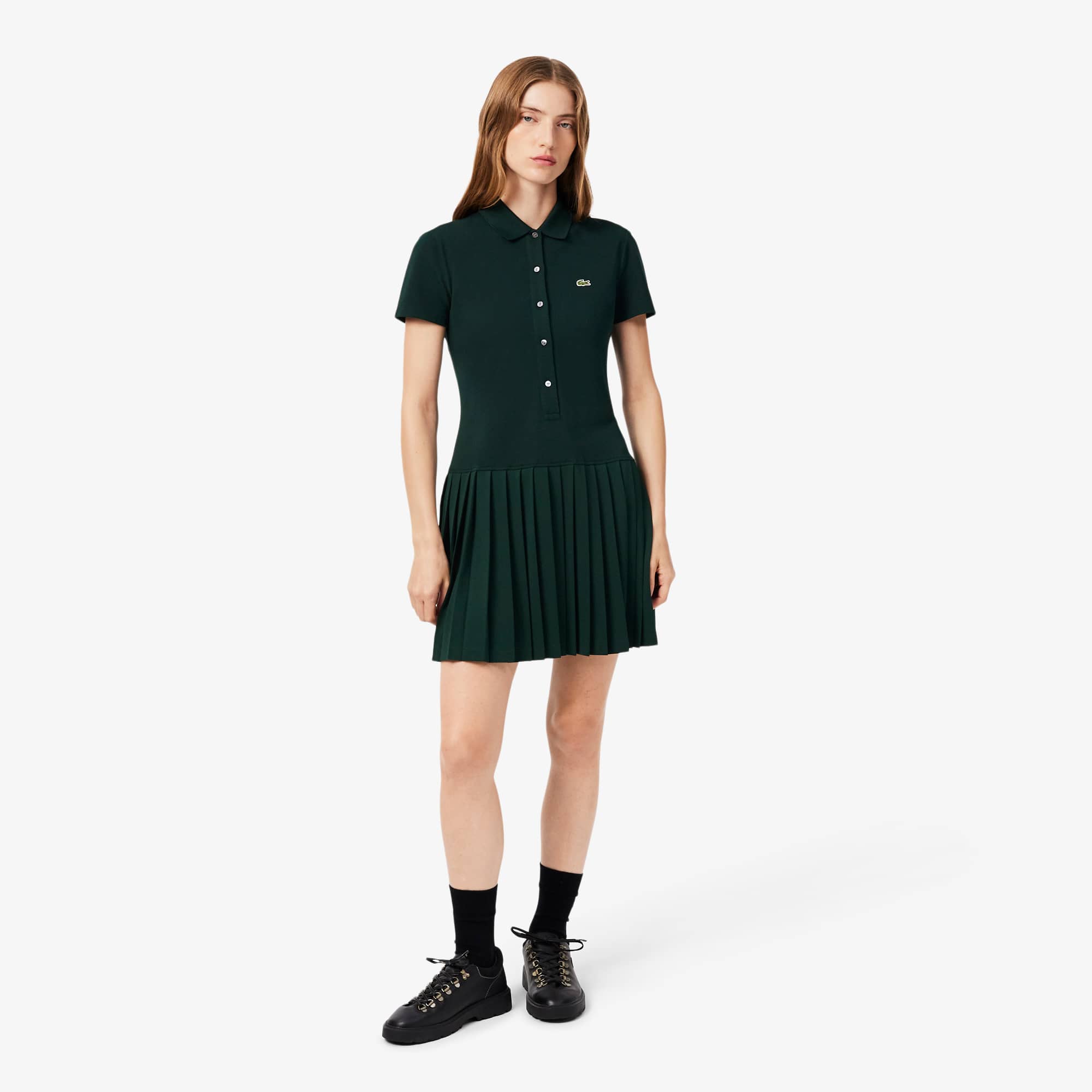 Lacoste Vestido Polo Plisado de Piqué Stretch Verde