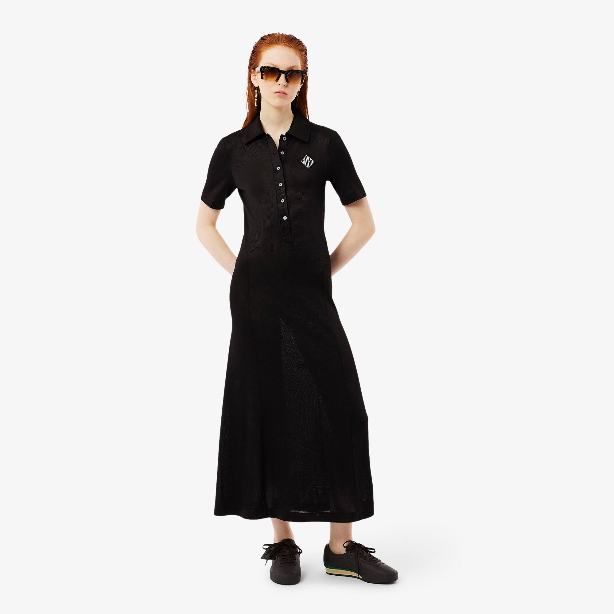 ★LACOSTE★ Women's Cara Short Sleeve Woven Dress Black EF42 Women's Slim Fit Stretch Mini Piqué Polo Dress - Dresses