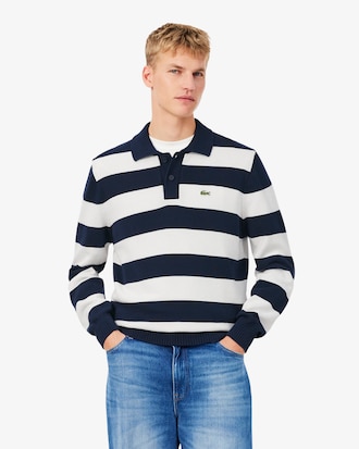 Striped Cotton Polo Collar Sweater