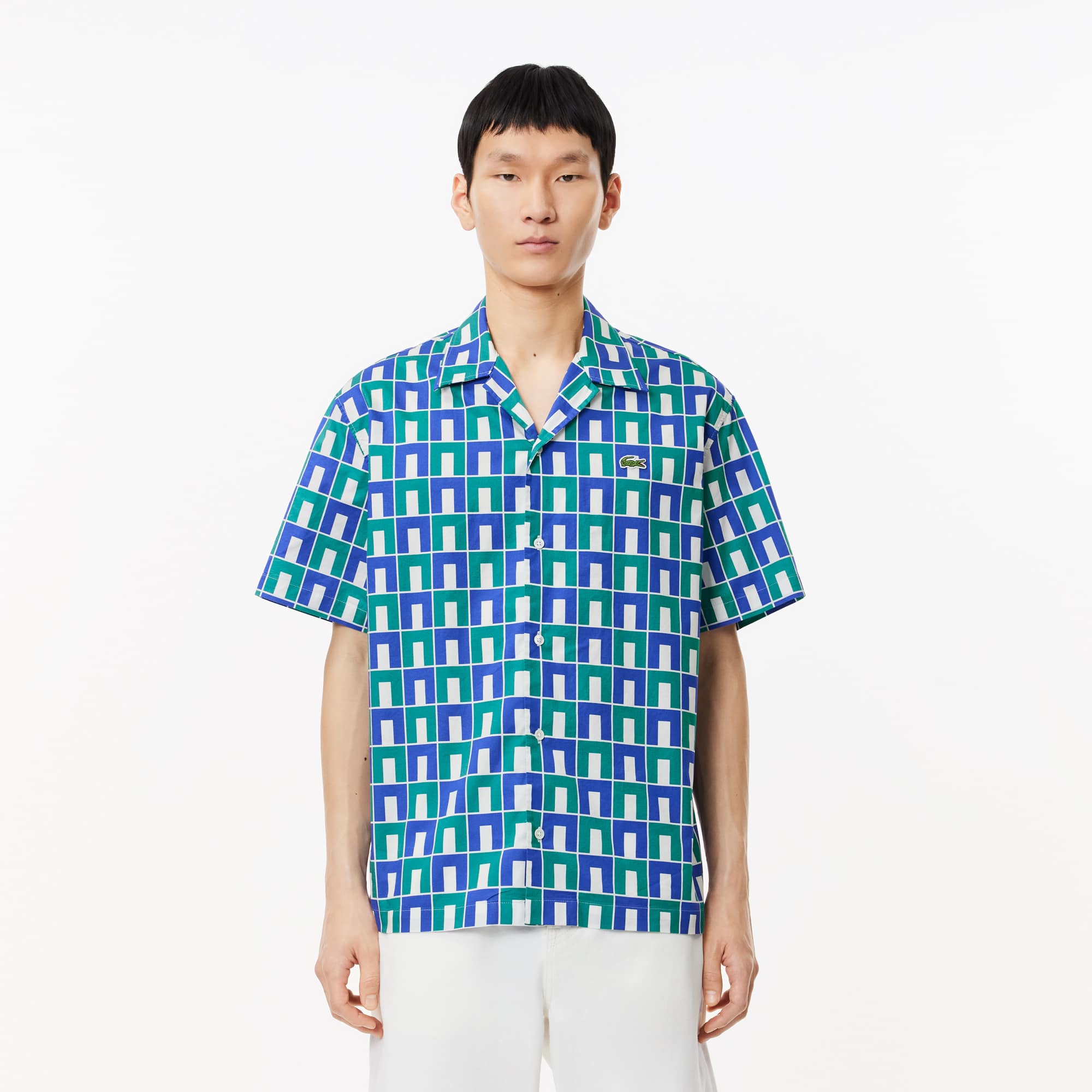 라코스테 Lacoste Mens Short Sleeve Patterned Shirt,White/Blue/Green-IS8