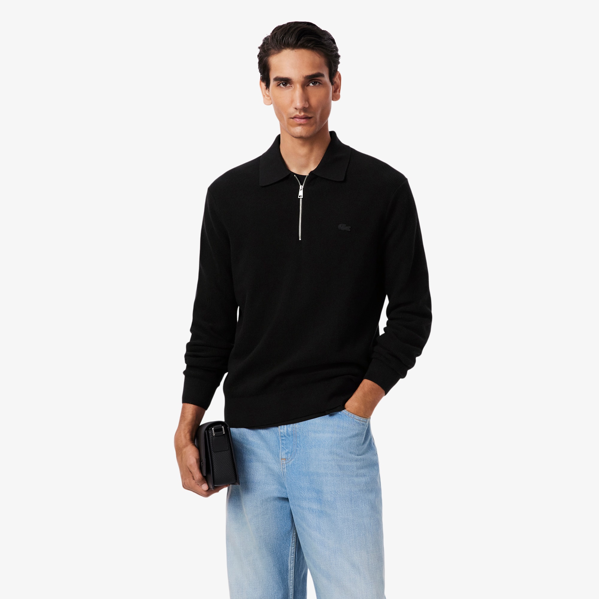 Men's Cotton & Wool Blend Half-Zip Polo Collar Sweater - Sweaters