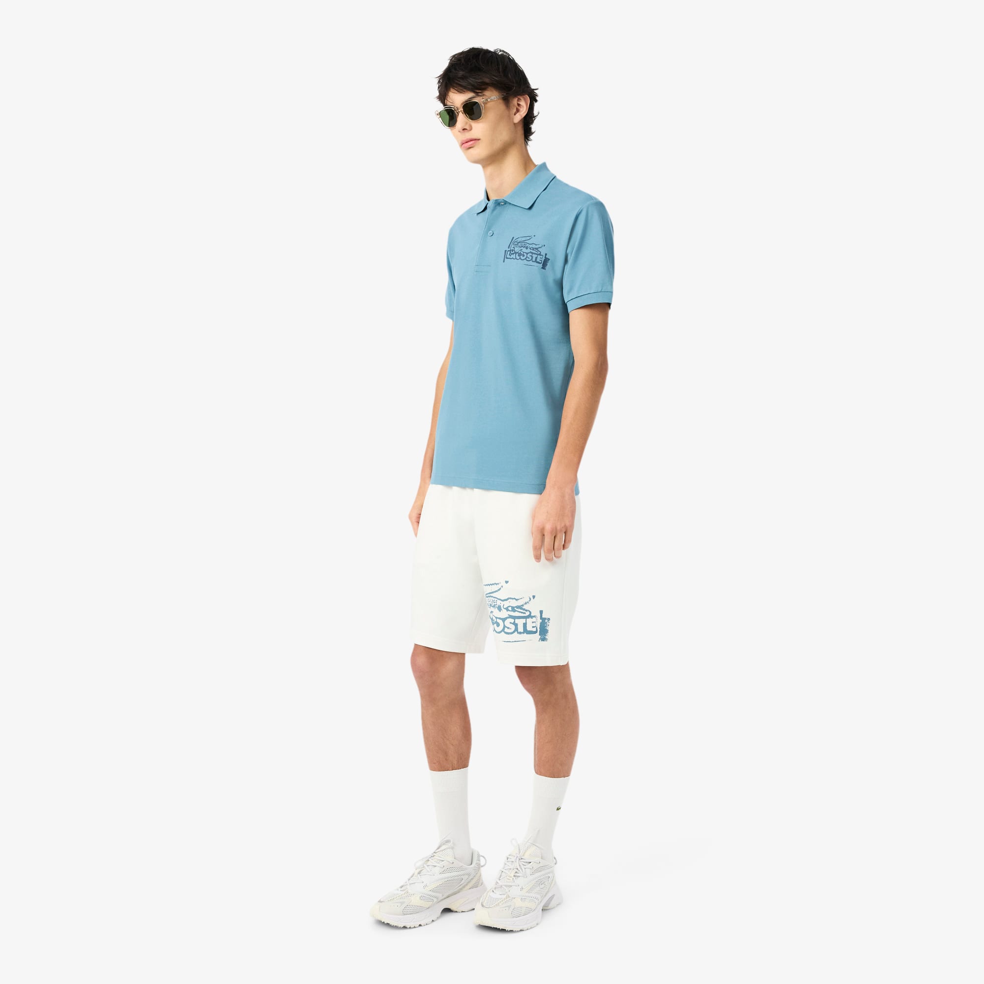 Lacoste Mens Printed Two-slip-pockets Cotton-blend Shorts White In White