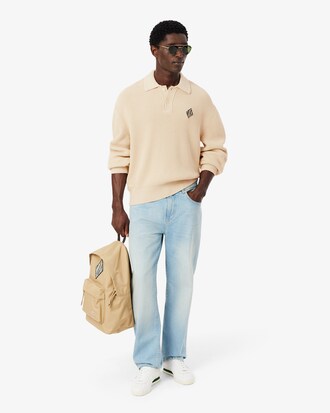 Badge Accent Pearl Rib Polo Collar Sweater