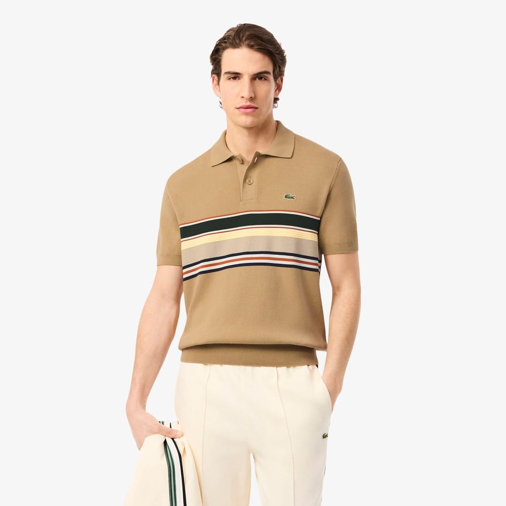 Lacoste Men's Made In France Striped Polo Collar Sweater - M - 4 In Neutral