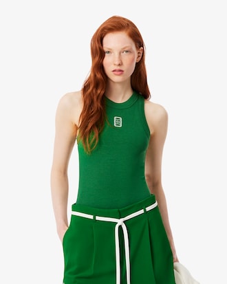 Slim Fit Badge Accent Rib Knit Tank Top