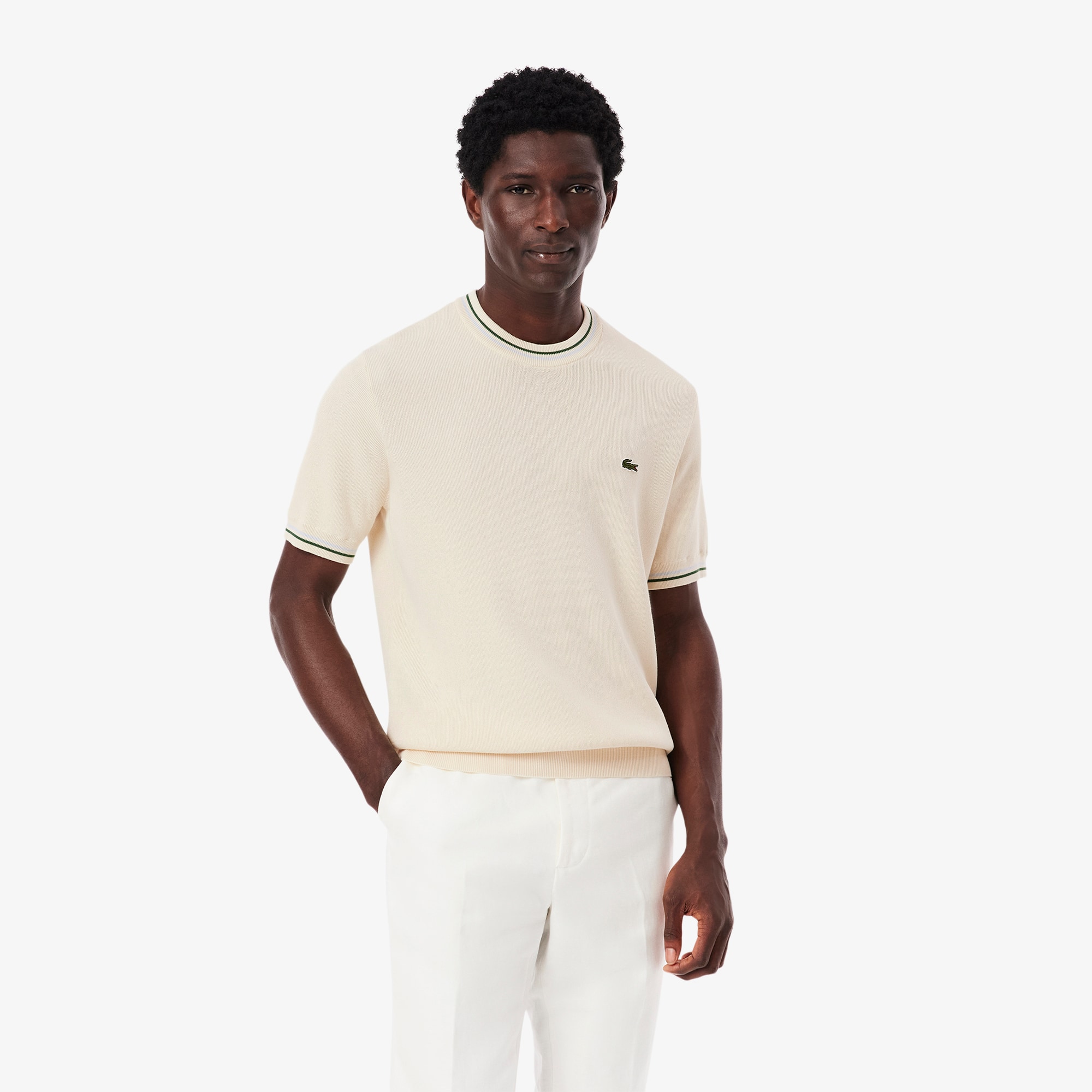 LACOSTE ホワイト ニットＴシャツ Men's Classic Fit Striped Knit T-Shirt - Sweaters