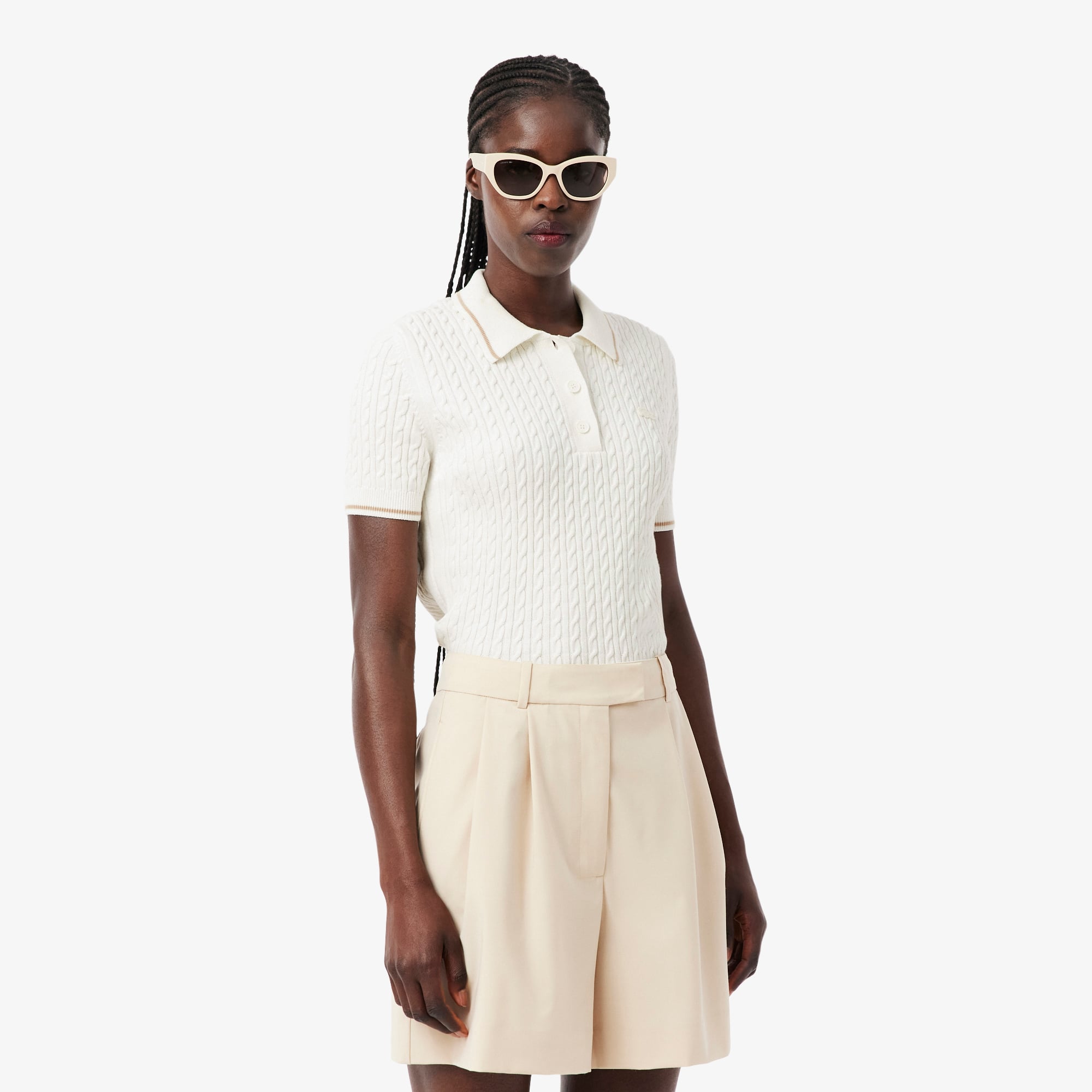 Striped Cable Knit Polo Collar Sweater - Sweaters & Sweatshirts