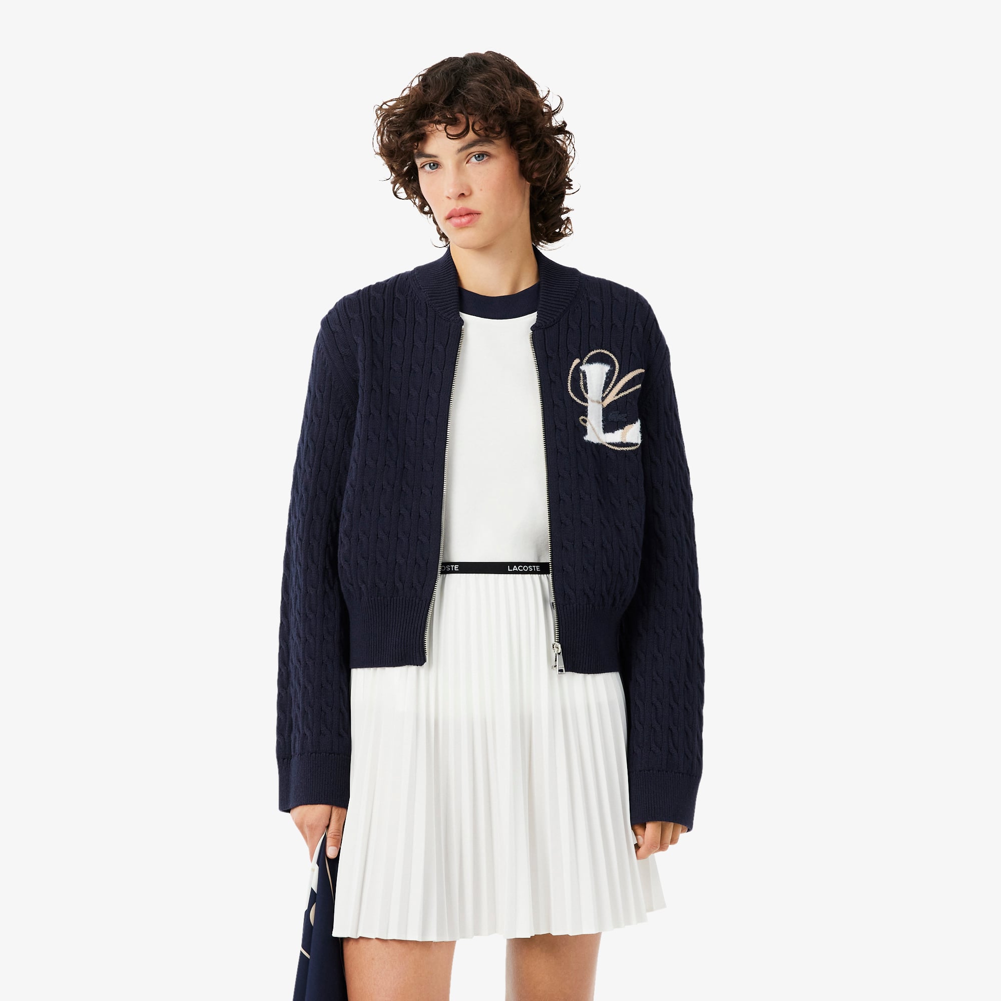 Cable Knit Intarsia and Embroidery Accent Zipped Sweater
