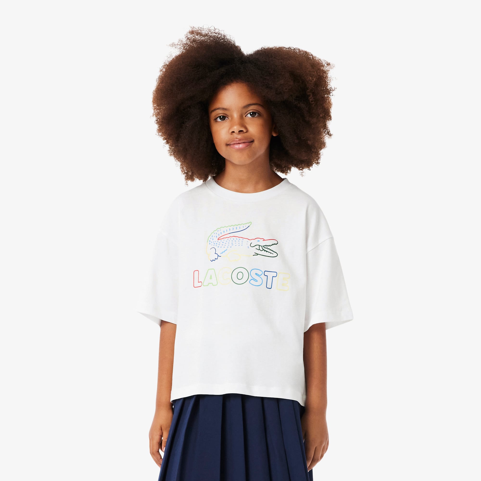 Lacoste Girls' Oversized Print Cotton T-shirt  - 14 Years In White