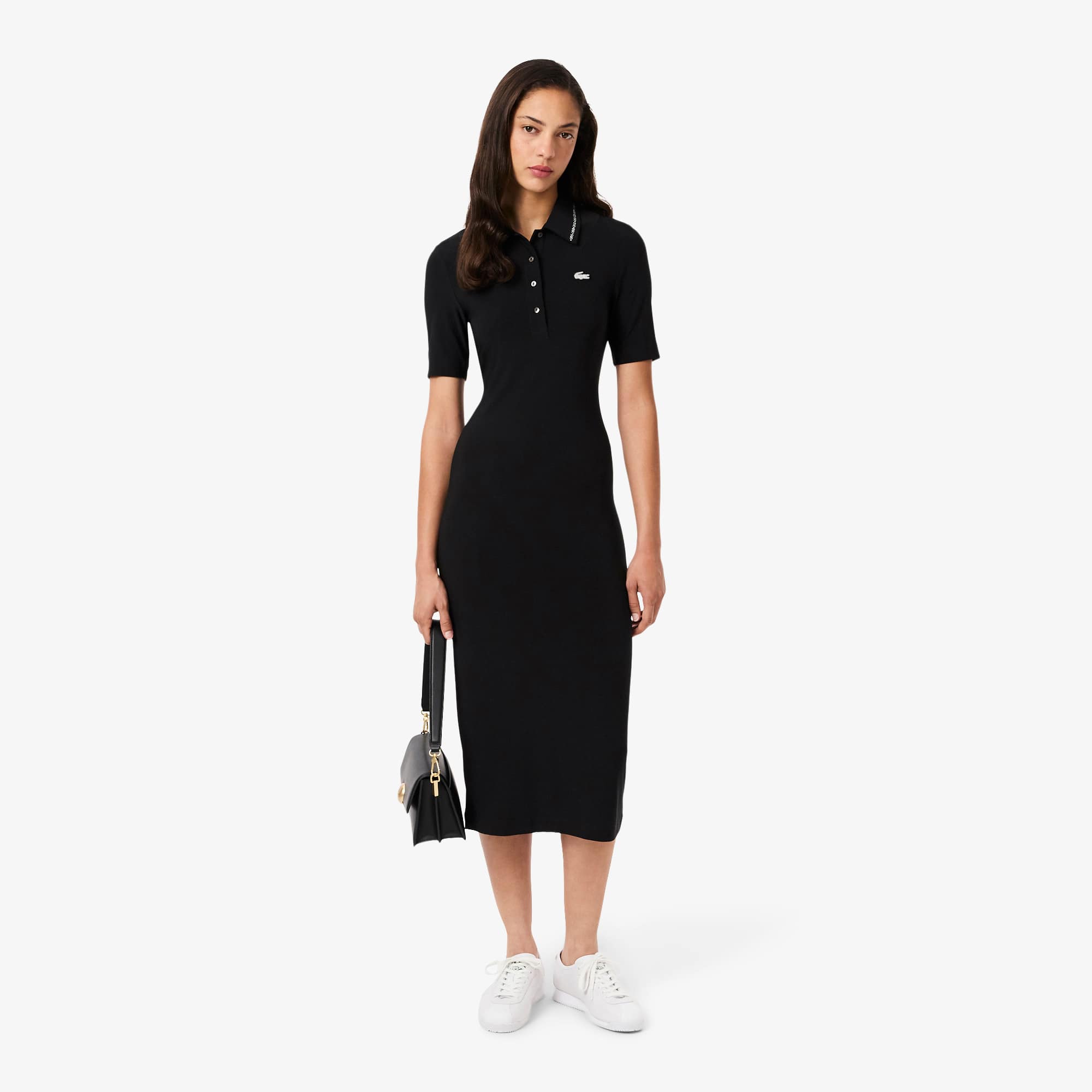 Lacoste Women's Slim Fit Diamanté Crocodile Polo Collar Dress - 34 In Black