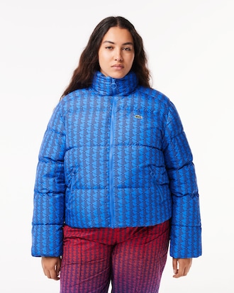 Women's Hooded Monogram Print Puffer Jacket with Puffed Croc