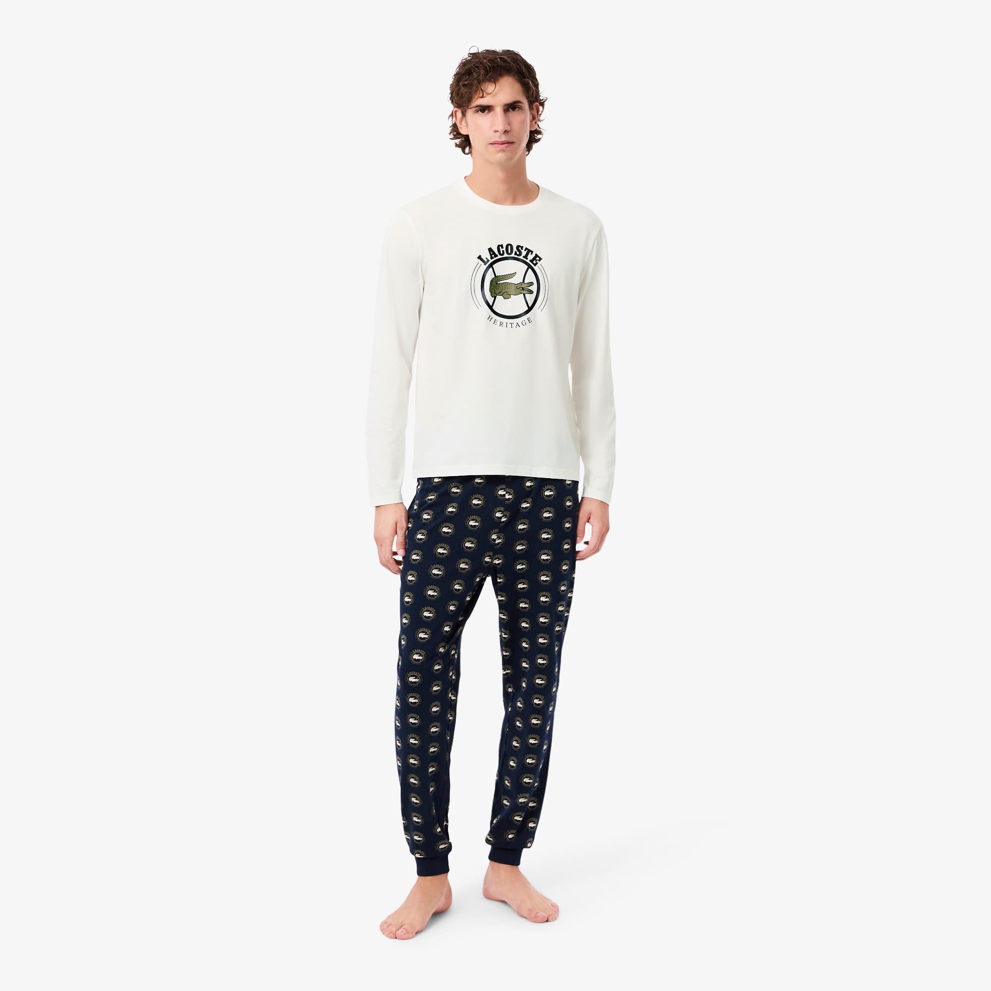 Lacoste Men's Printed Jersey Pajama Set In White