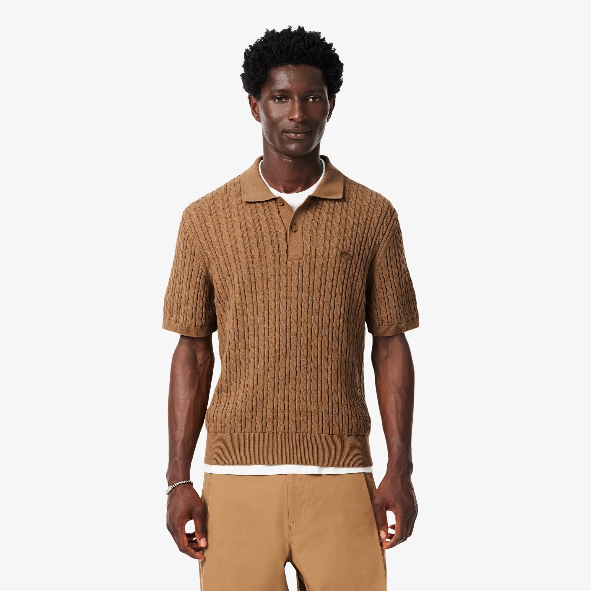 Classic Fit Cable Knit Cotton Polo Shirt