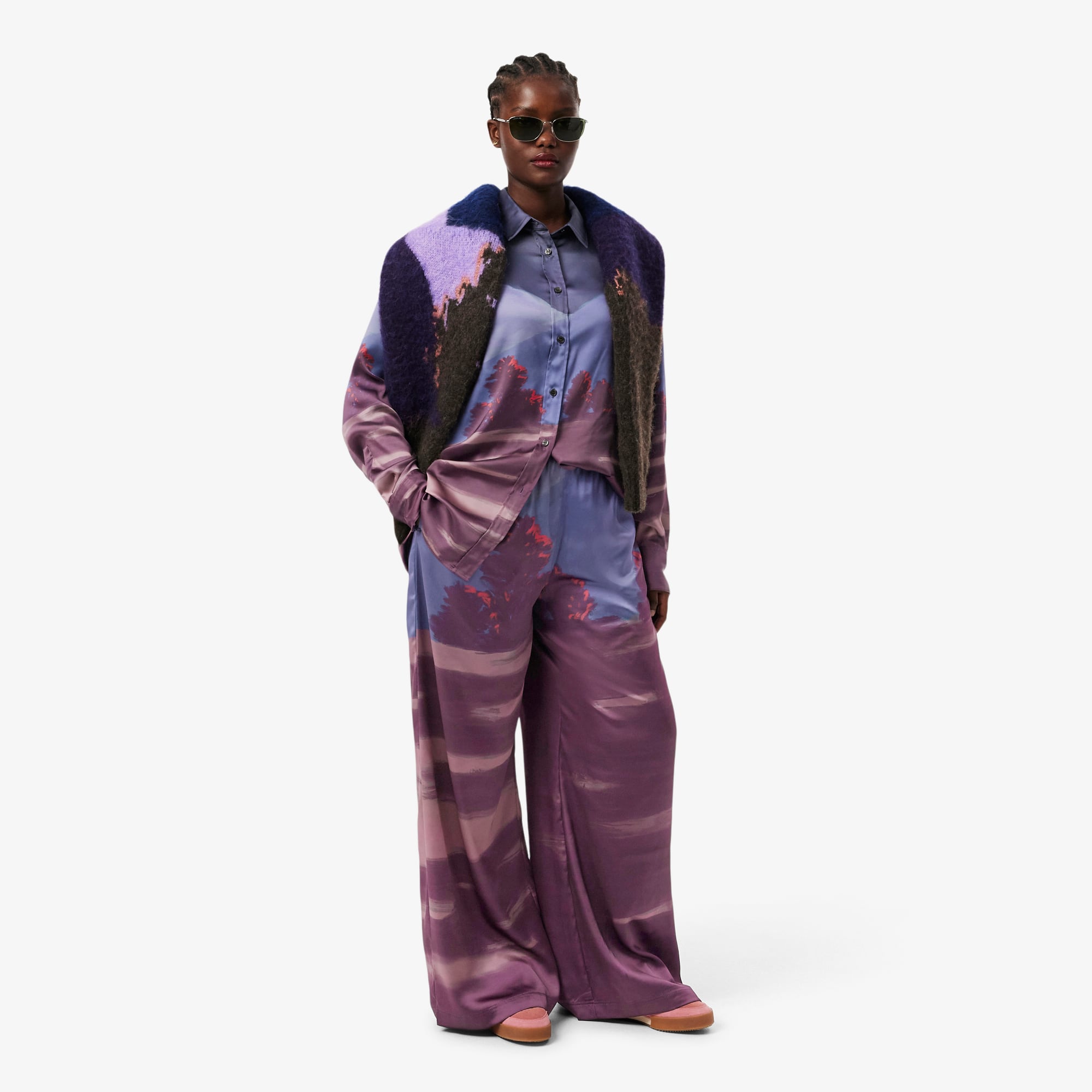 Women's Oversized Landscape Print Satin Shirt - All Women's