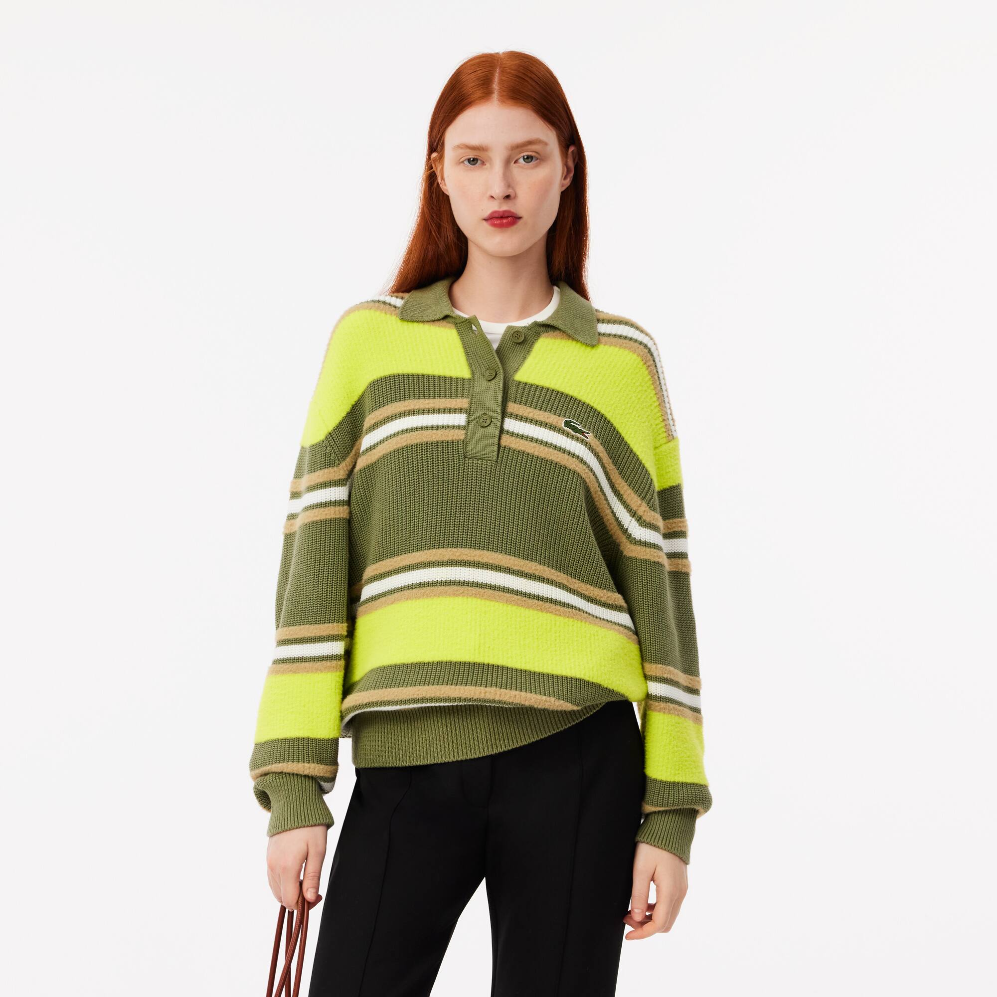 Women's Ribbed Striped Knit Polo Sweater - Sweaters & Sweatshirts