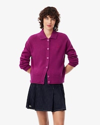 Carded Wool 3D Knit Polo Collar Cardigan
