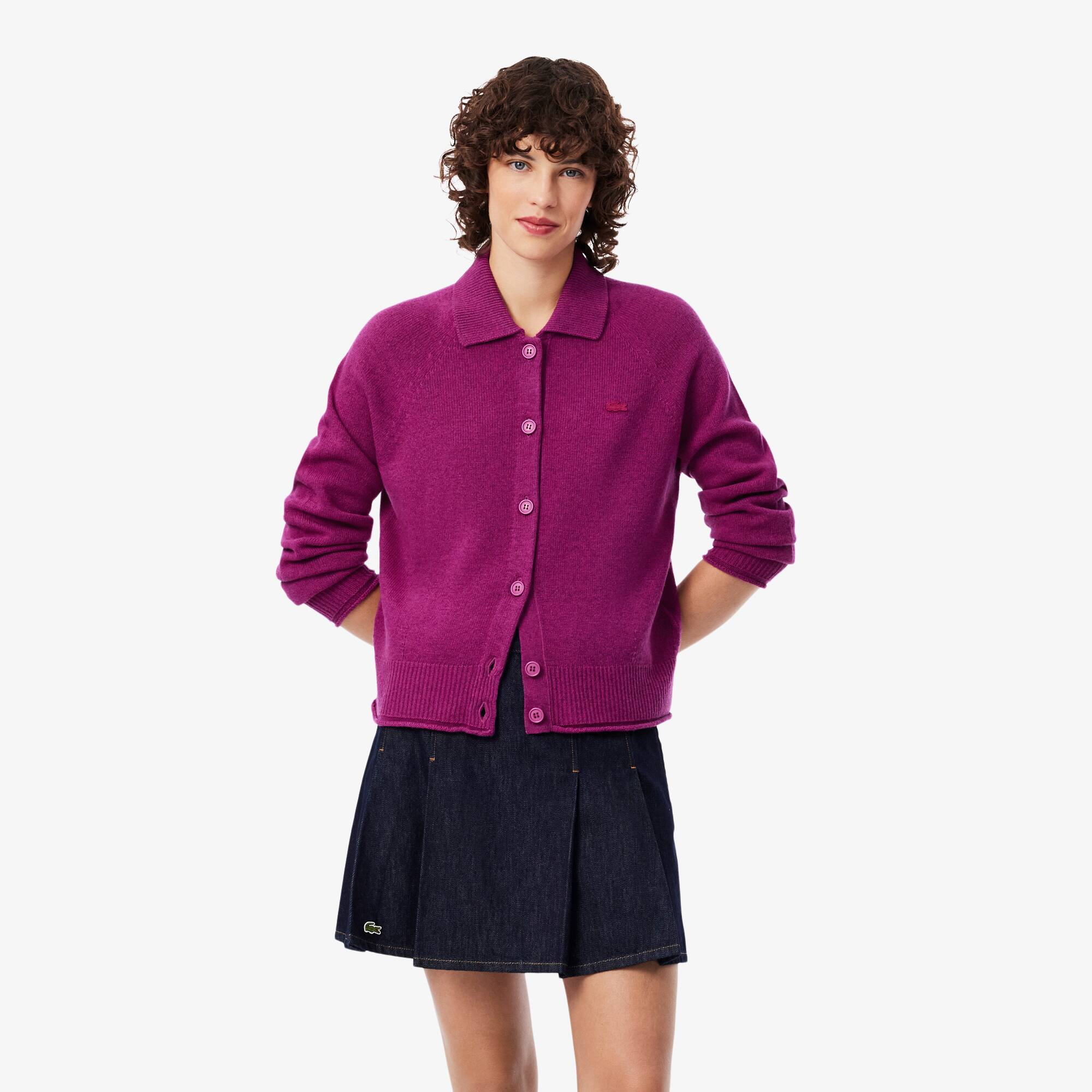 Carded Wool 3D Knit Polo Collar Cardigan