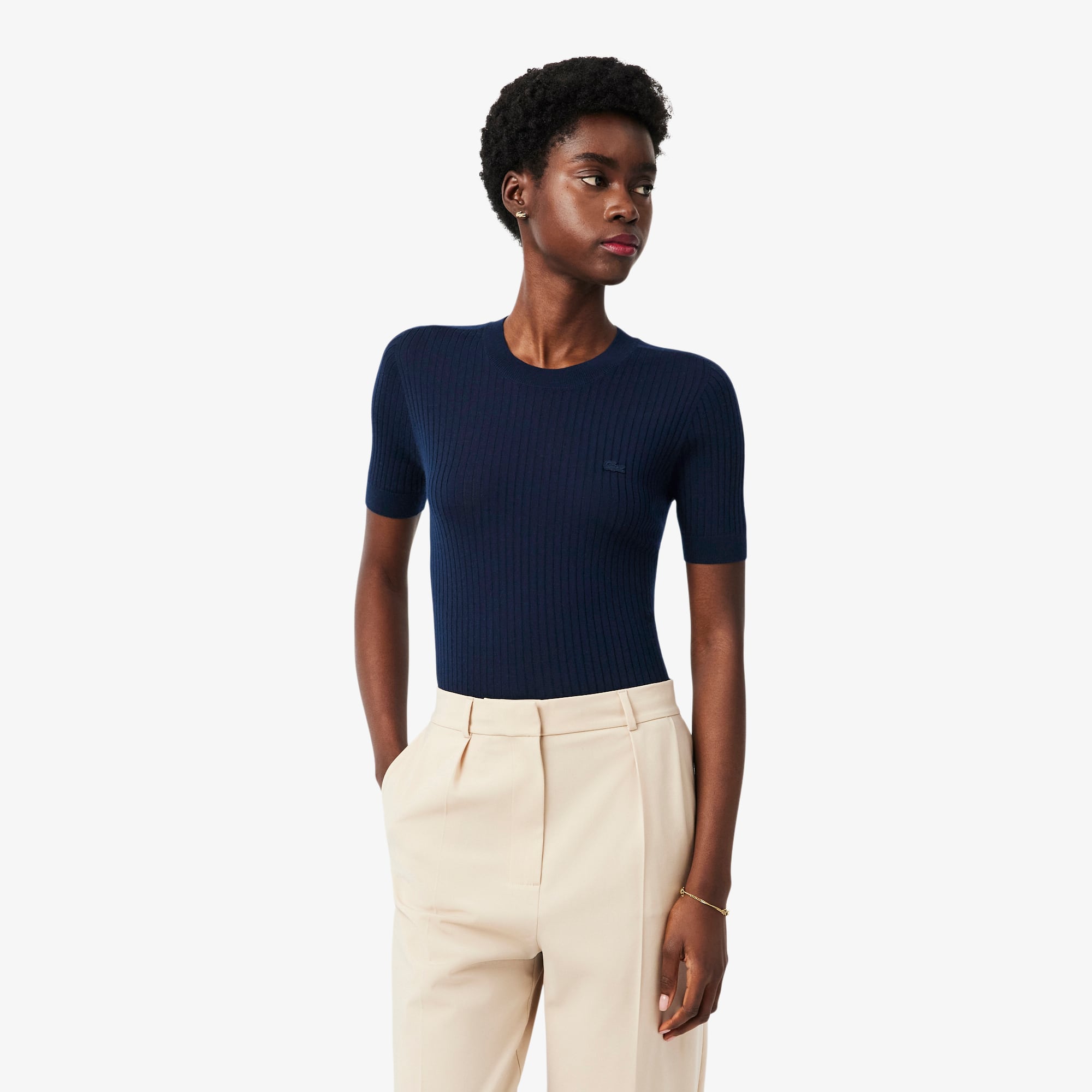 Women's Short Sleeve Merino Wool Rib Knit Sweater - Sweaters