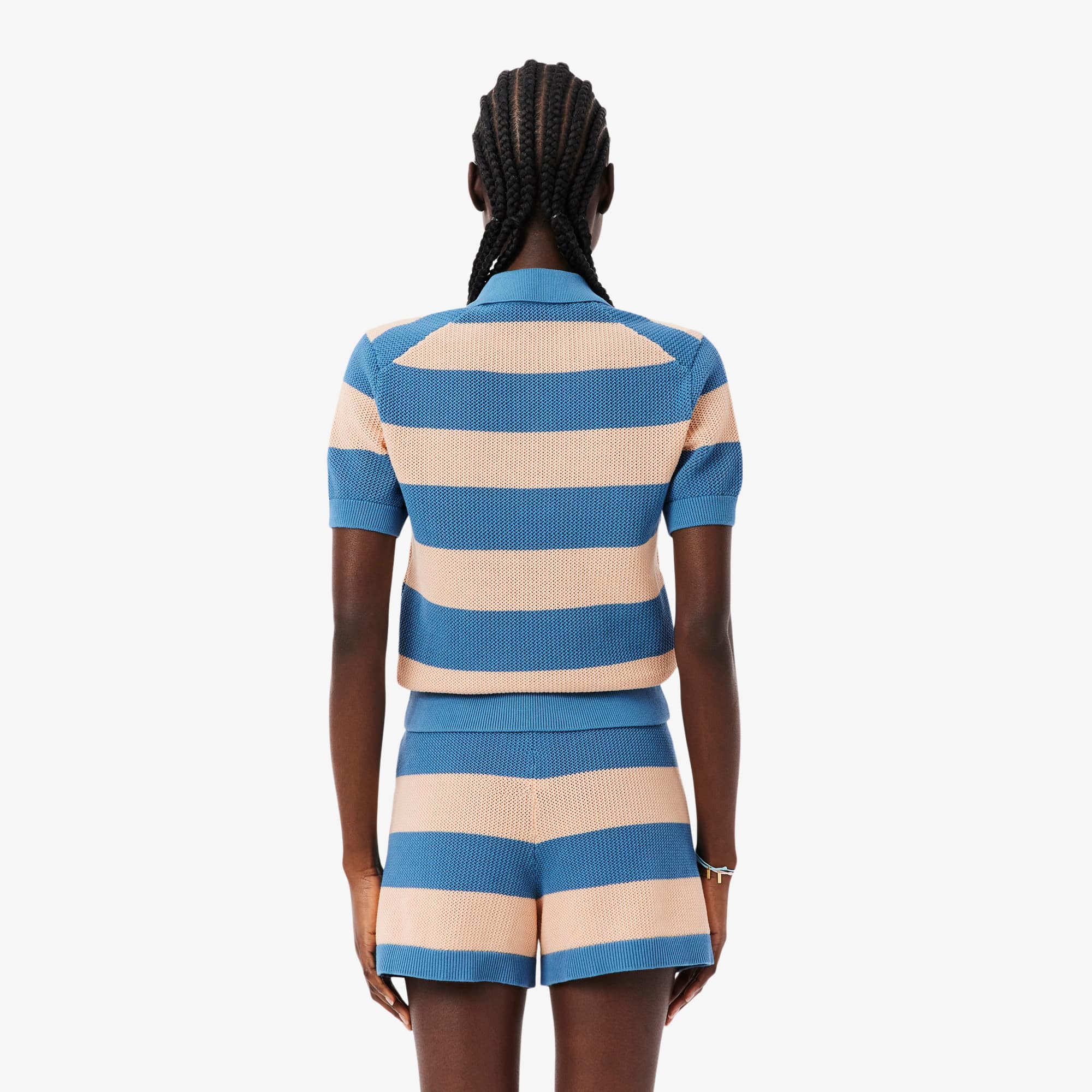 Striped Mesh Knit Polo Collar Sweater - Sweaters & Sweatshirts