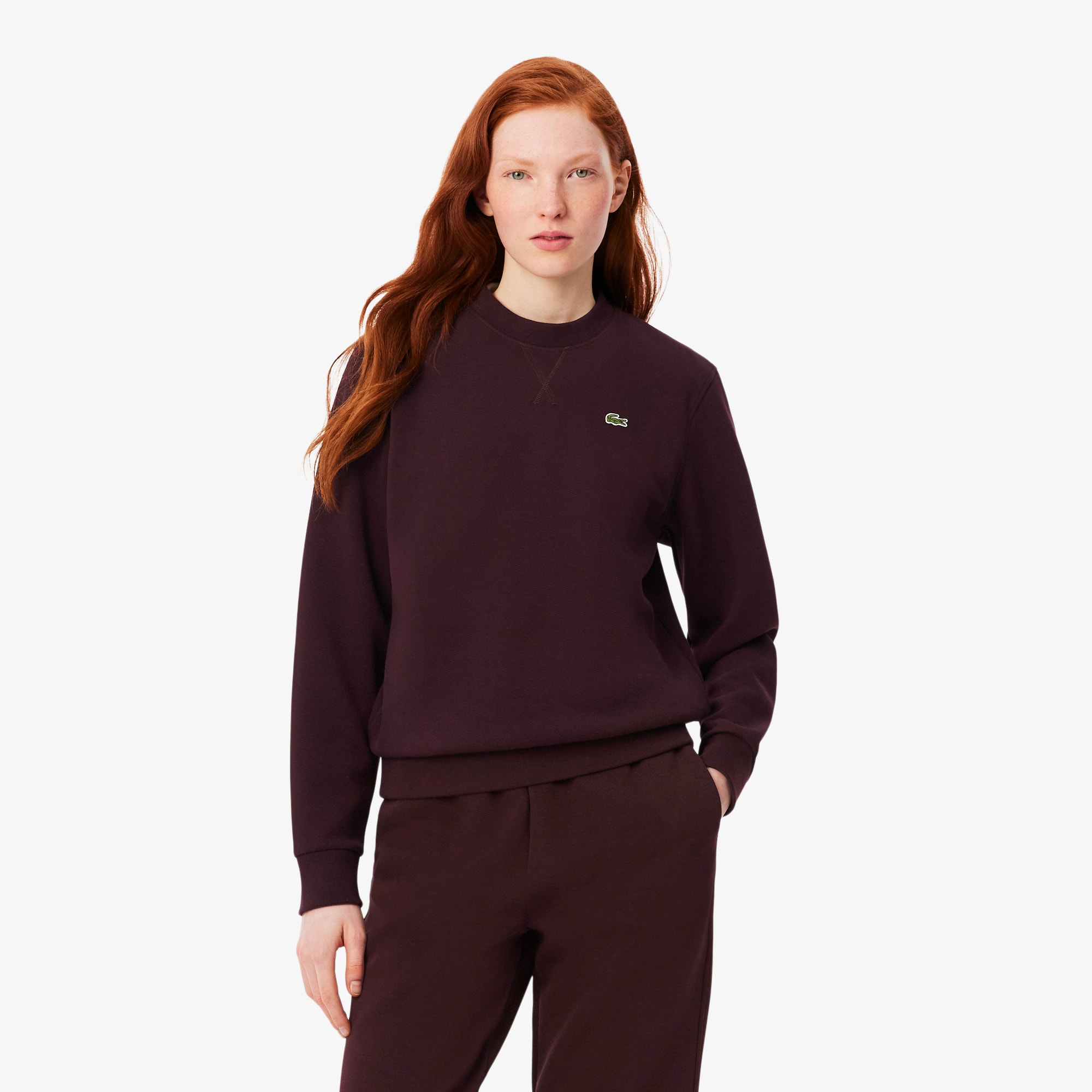 Lacoste Women's Relaxed Fit Piqué Crew Neck Sweatshirt - L (40) In Burgundy